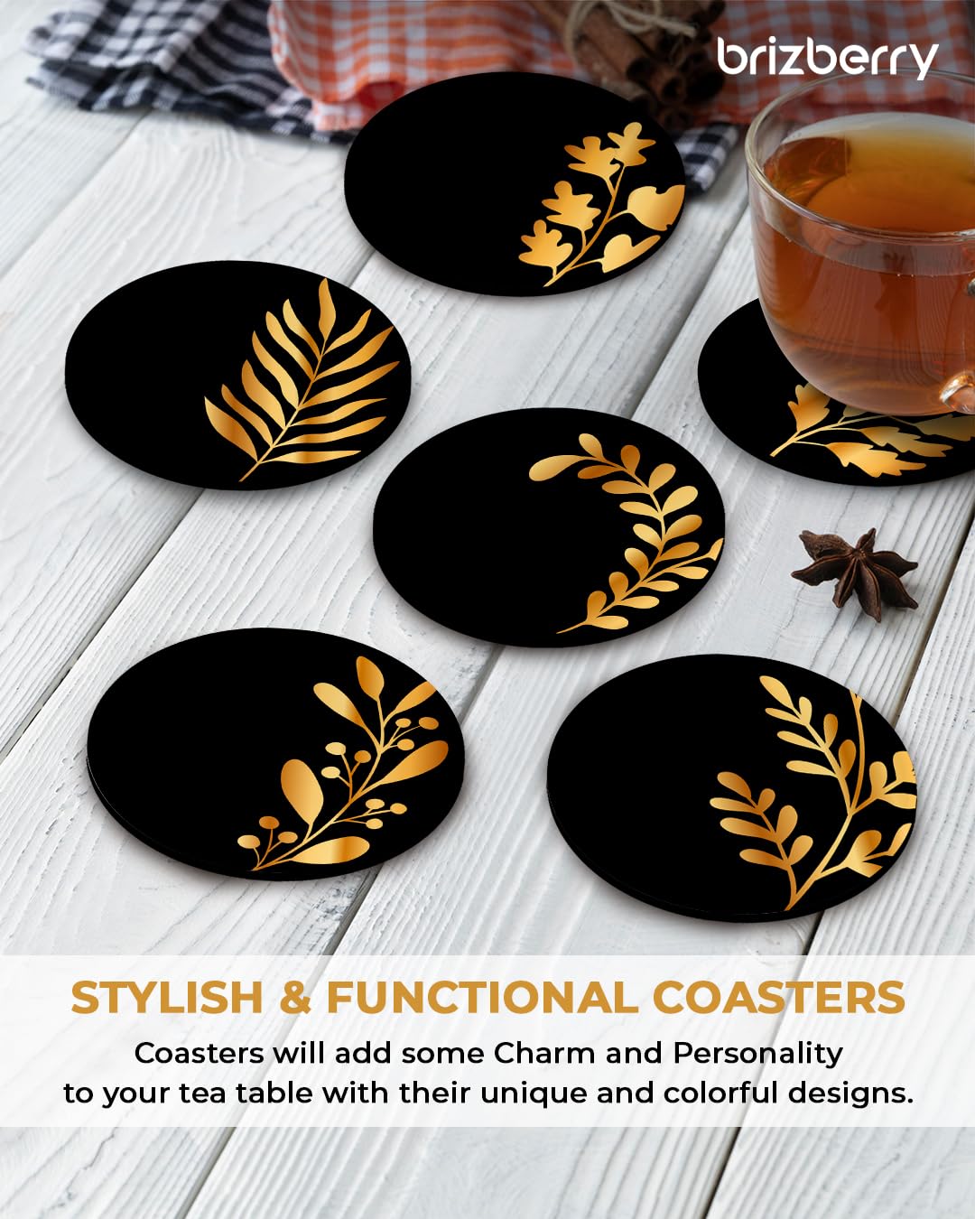 Premium Round Black Leaf Wooden Coasters Set of 6 - 3.5x3.5 Inch - Elegant Drink Coasters for Tea Cups, Coffee Mugs & Glasses - Perfect Diwali Gift & Home Decor for Dining Table, Office Desk or Living Room