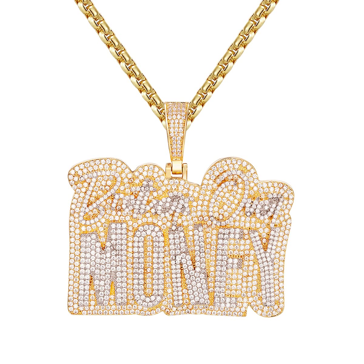 Bling Brothers Over Money Micro Pave Iced Out Custom Hip Hop Yellow Gold Tone Pendant Chain - Luxury Hip Hop Jewelry for Men, Customizable Pendant Necklace - Perfect for Rappers, Streetwear Fashion & Gift Giving