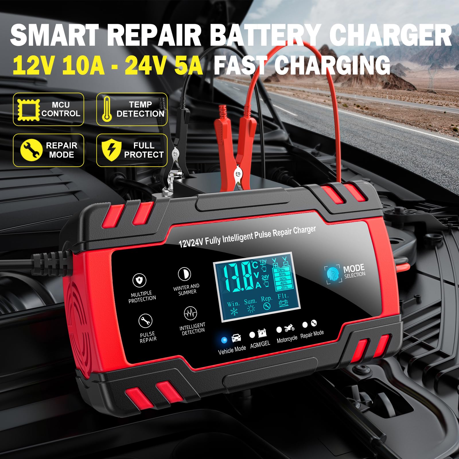 10-Amp 12V & 24V Smart Car Battery Charger - Automatic Charger with Temperature Compensation & Desulfator - Battery Maintainer & Trickle Charger for Cars, Trucks, Motorcycles & Marine Vehicles - Perfect for Winter Storage & Long-Term Battery Maintenance