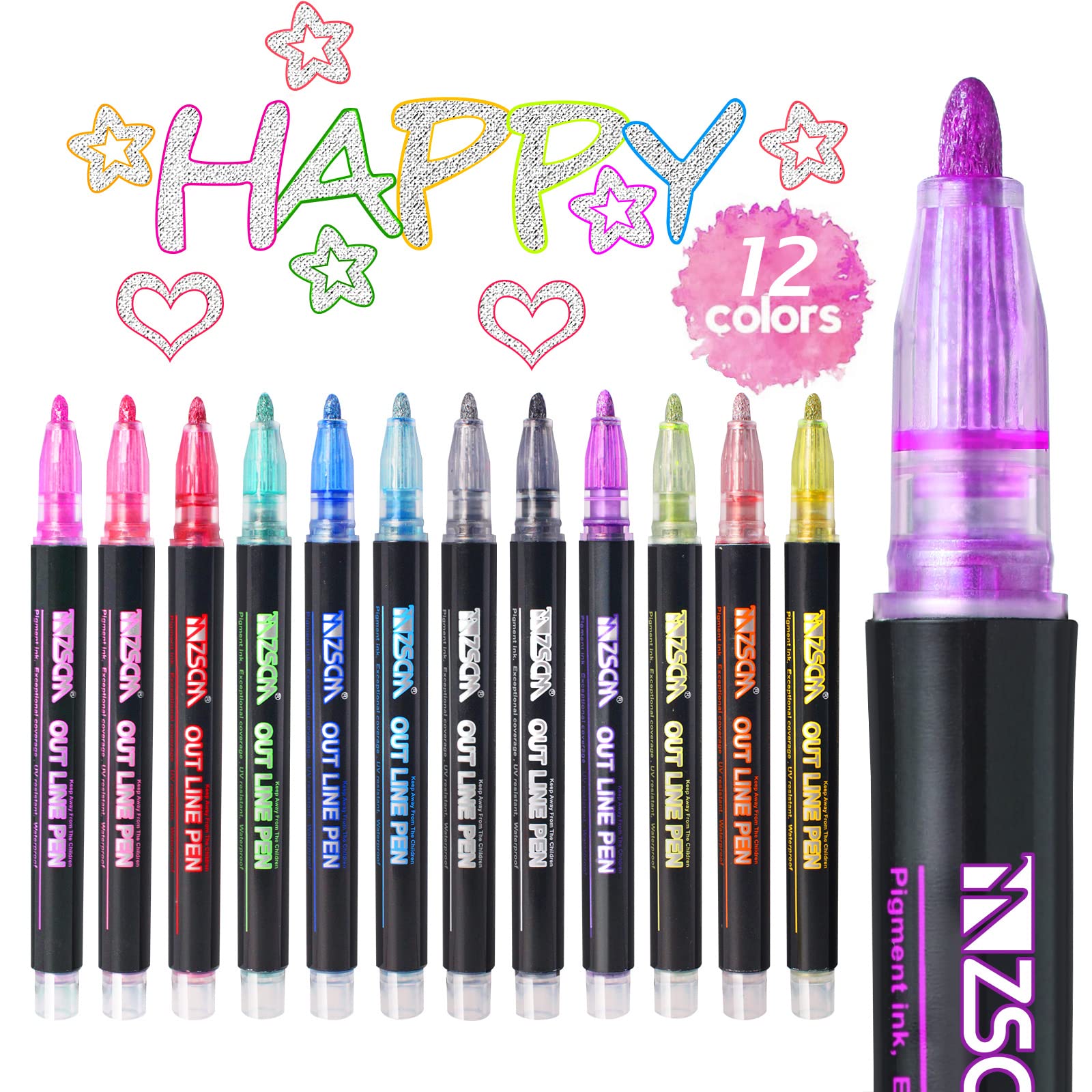 ZSCM Super Squiggles Metallic Double Line Paint Markers - 12 Vibrant Colors for DIY Crafts, Christmas Cards, Scrapbooking, Photo Albums - Works on Metal, Ceramic, Glass - Perfect for Holiday Decorations & Gift Wrapping