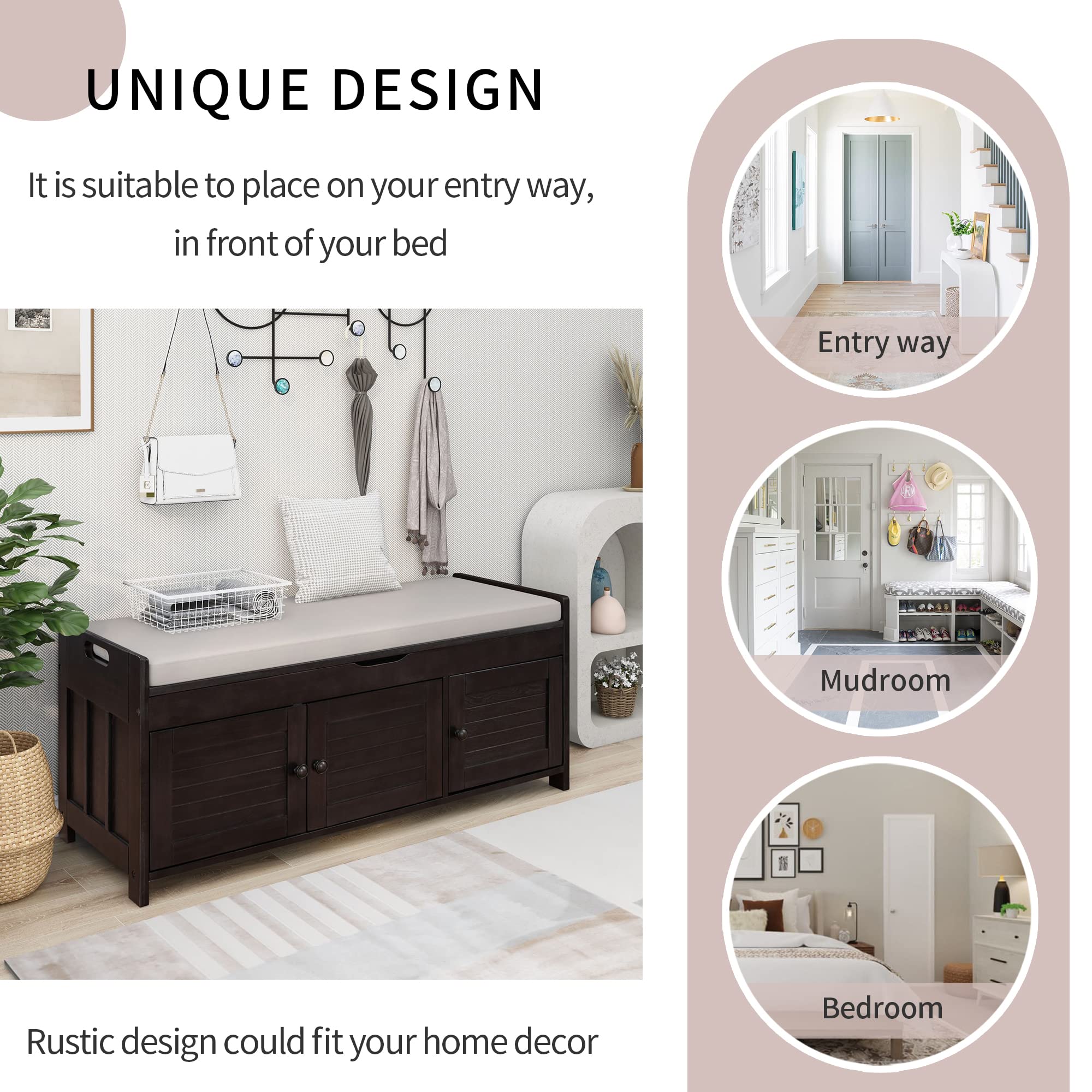 P PURLOVE Storage Bench with Removable Cushion - 3 Shutter Doors & Hidden Compartment - Entryway Bench for Living Room, Hallway, Bedroom - Espresso Finish for Home Organization & Decor