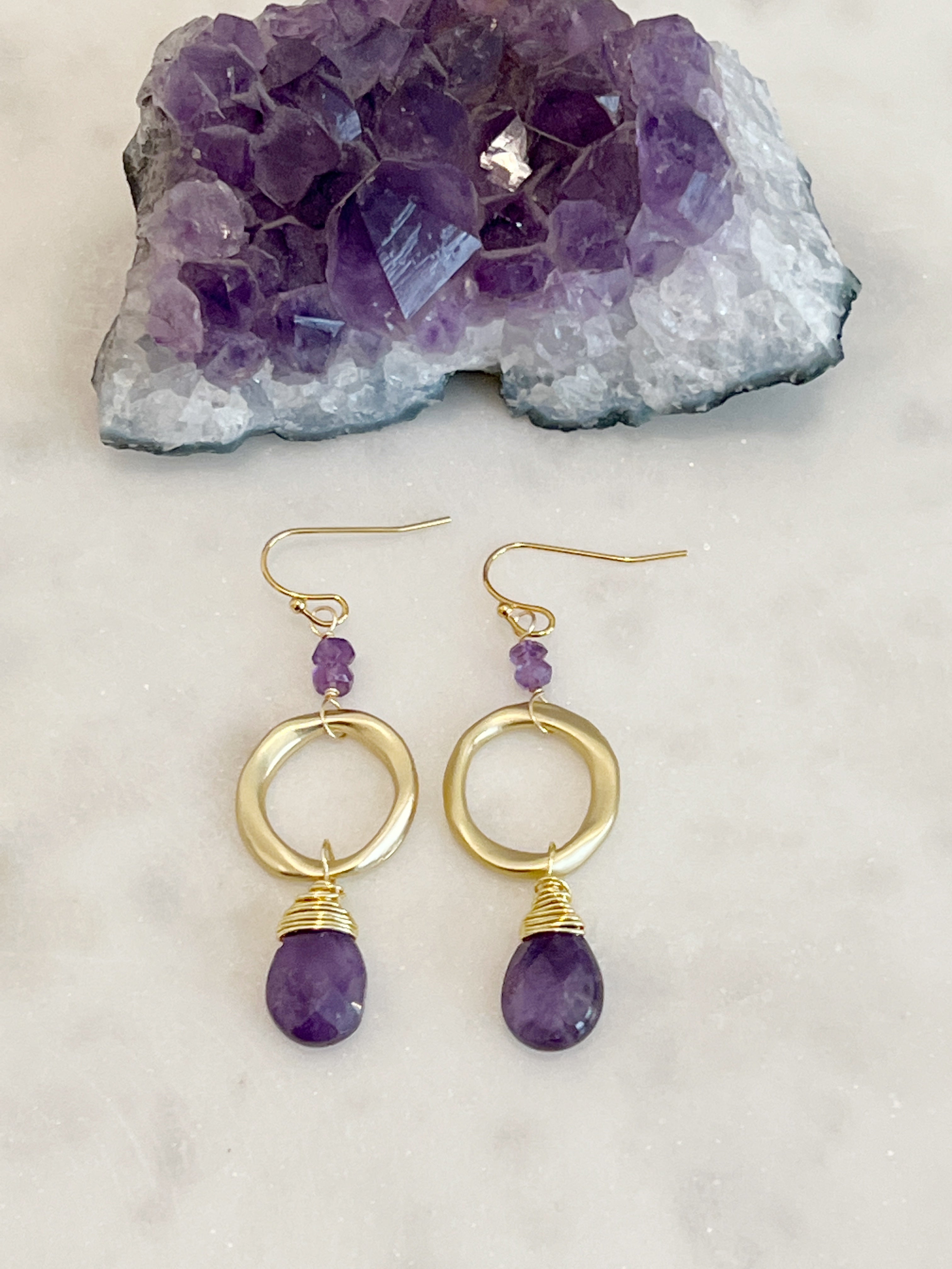 Emmi Amethyst & Gold Teardrop Earrings for Women - 14K Gold Plated Dangle Earrings - Elegant Purple Gemstone Jewelry Gift for Birthday, Anniversary & Special Occasions