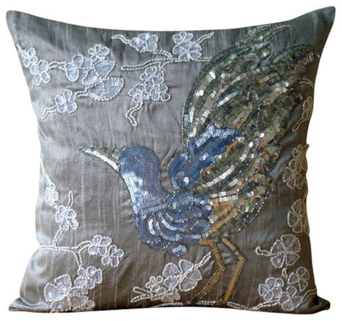 Premium Gray Silk Euro Sham Pillow Covers 26x26 Inch (65x65 cm) - Modern Bird Pattern for Bedroom Decor, Luxury Bedding Accessories - Perfect for Easter, Home Staging & Guest Room Elegance