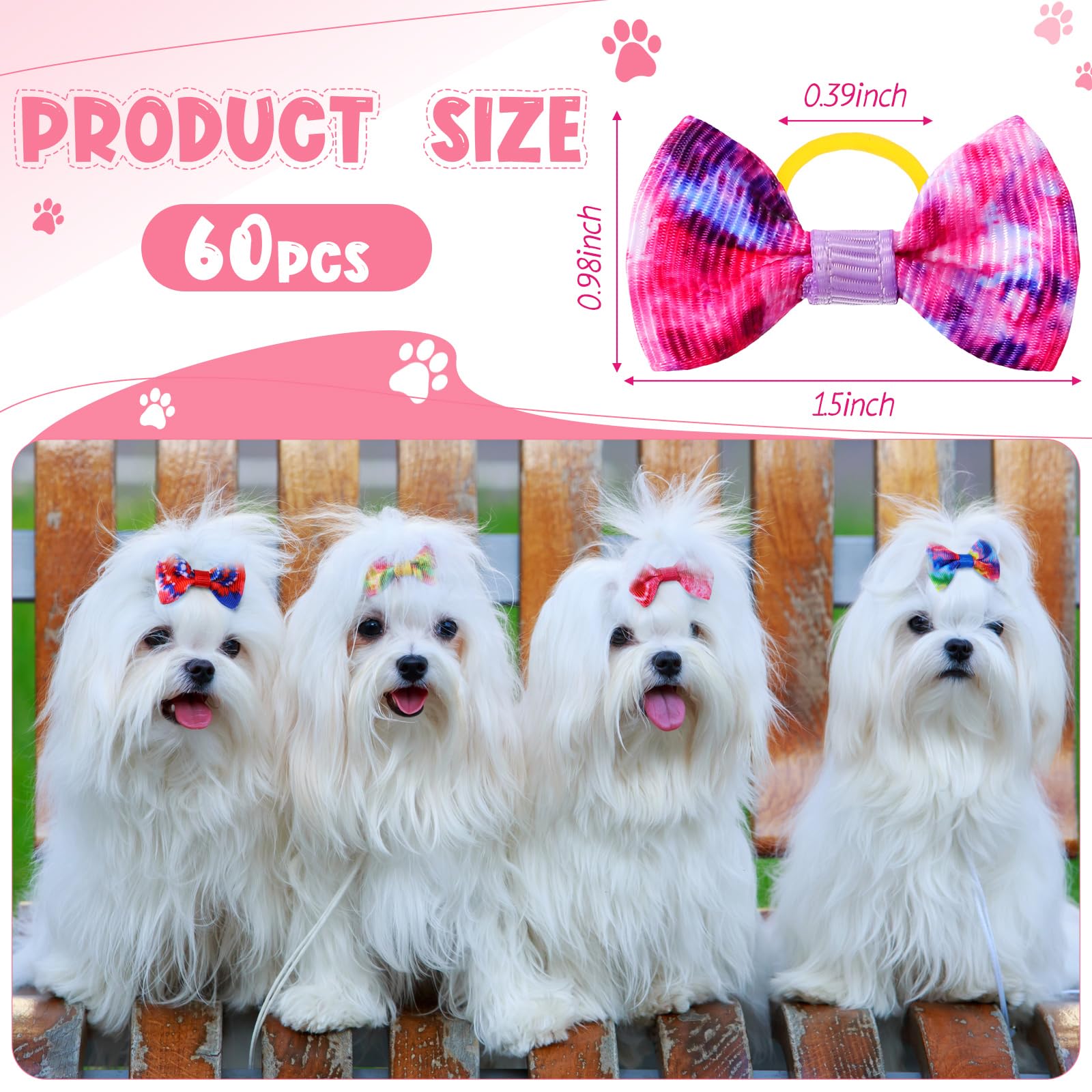 60 Pcs Cute Puppy Dog Hair Bows - Small Bowknot Hair Accessories with Rubber Bands for Dogs, Handmade Pet Grooming Supplies - Perfect for Holiday, Birthday Gifts & Party Outfits (Tie Dye Pattern)