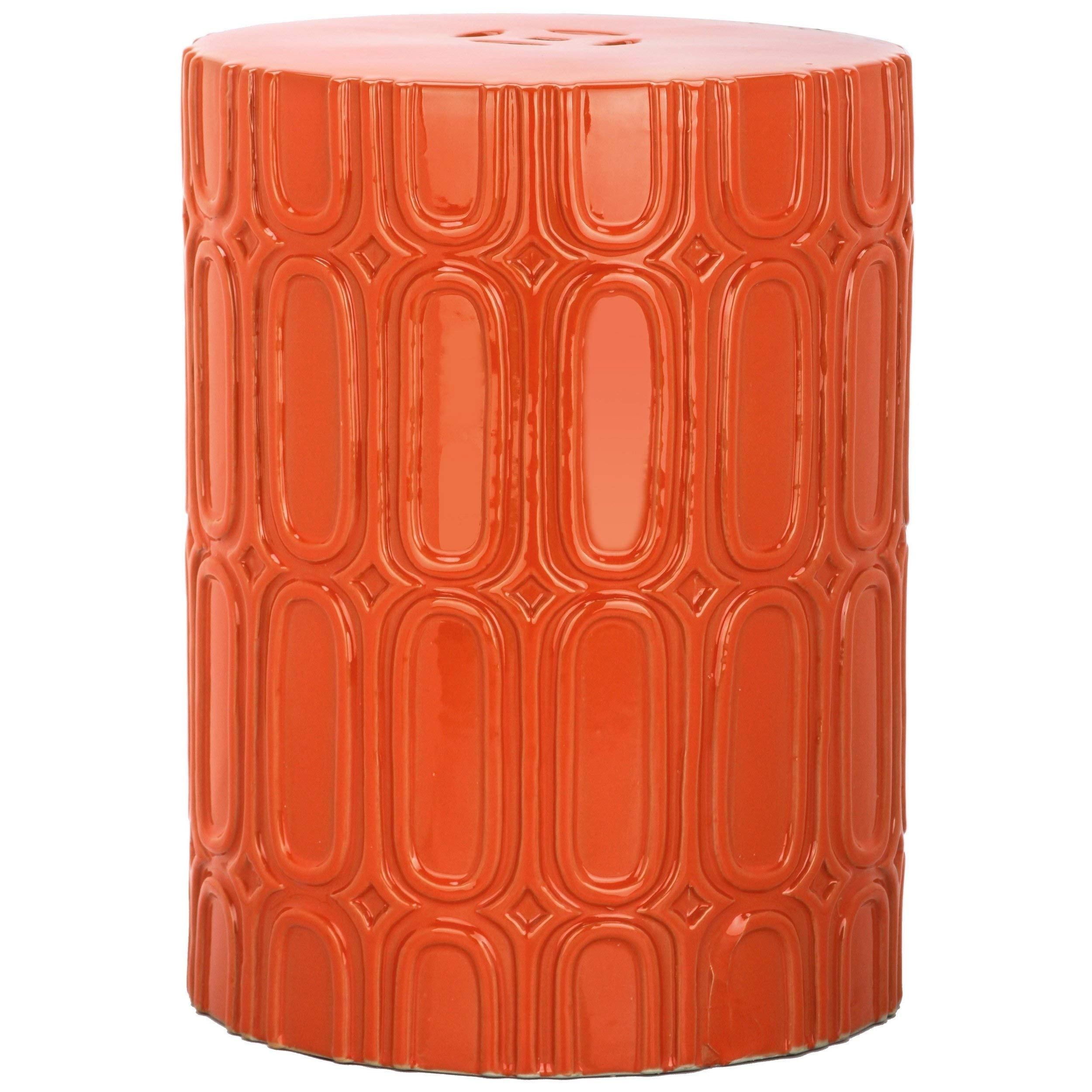 Boho Orange Ceramic Plant Stand - Moroccan Coastal Patio Stool, Geometric Outdoor Table for Backyard, Deck & Lawn Decor - Perfect for Bohemian, Asian & Bright Garden Themes