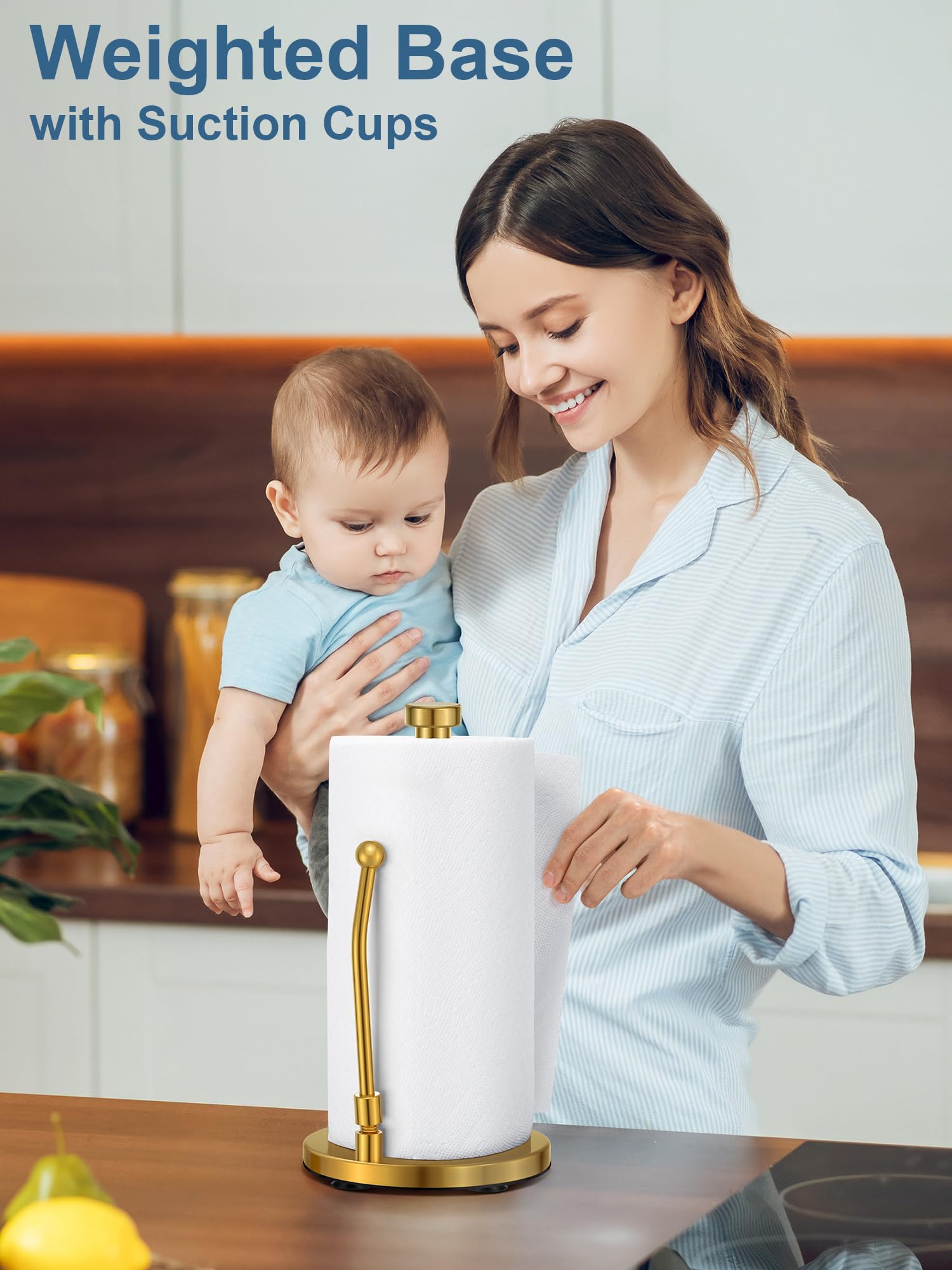 SMARTAKE Stainless Steel Paper Towel Holder with Weighted Non-Slip Base - Spring Arm Fits Most Paper Roll Sizes - Gold Kitchen Countertop Organizer for Home, Office, Restaurant Use