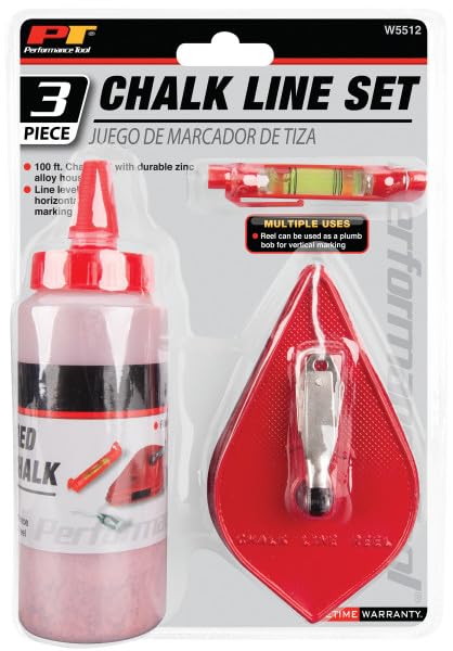 Performance Tool W5512 100ft Chalk Reel with Line Level & Plumb Bob - Heavy Duty Zinc Alloy Construction, 4oz Red Chalk - Perfect for Construction, Carpentry, Masonry and DIY Projects