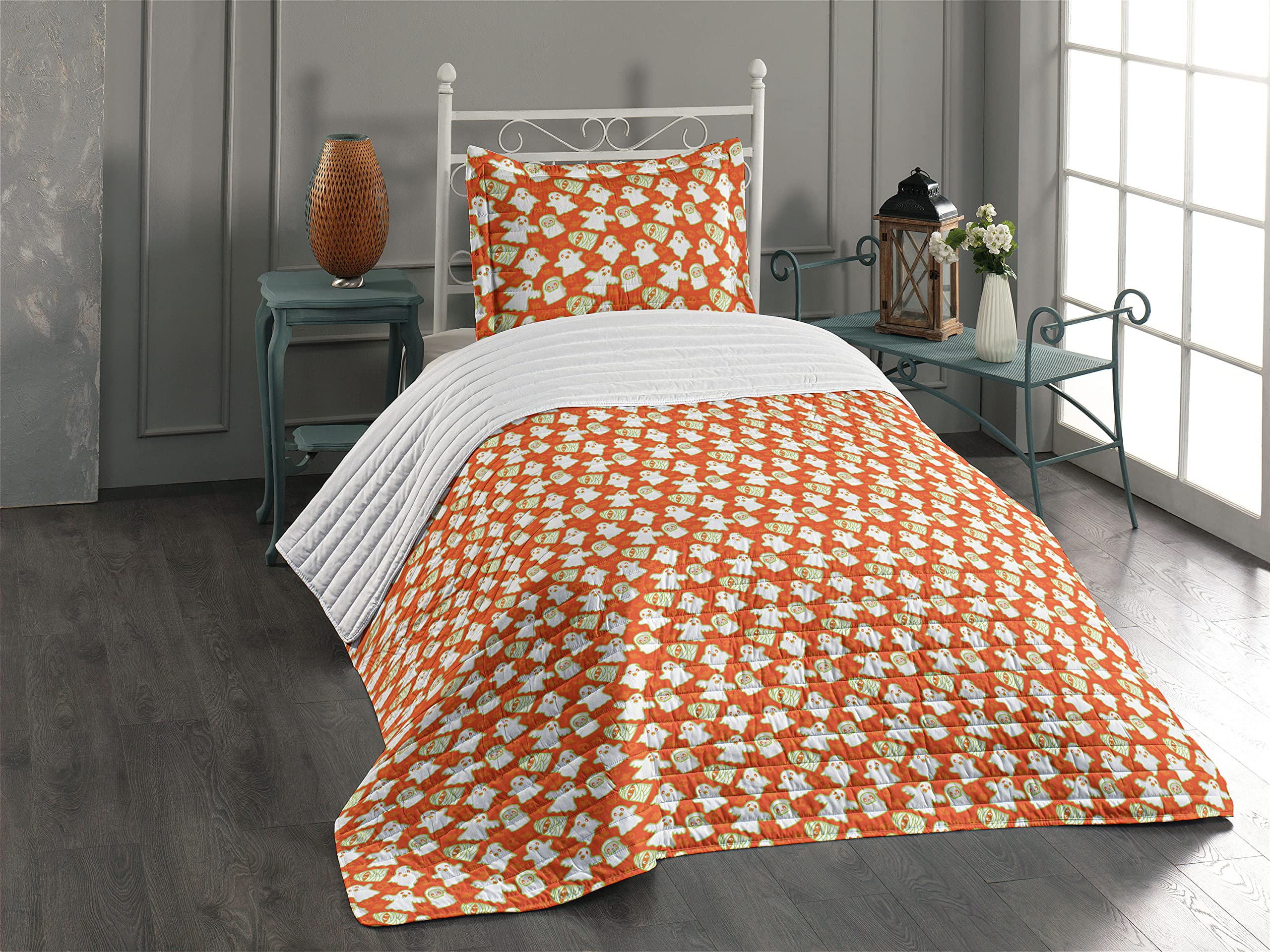 Lunarable Burnt Orange Microfiber Bedspread Set - Halloween Ghost & Skull Bat Design, Soft Twin Size Comforter with Pillow Sham (Orange/White/Green) | Perfect for Spooky Bedroom Decor & Halloween Party Themes