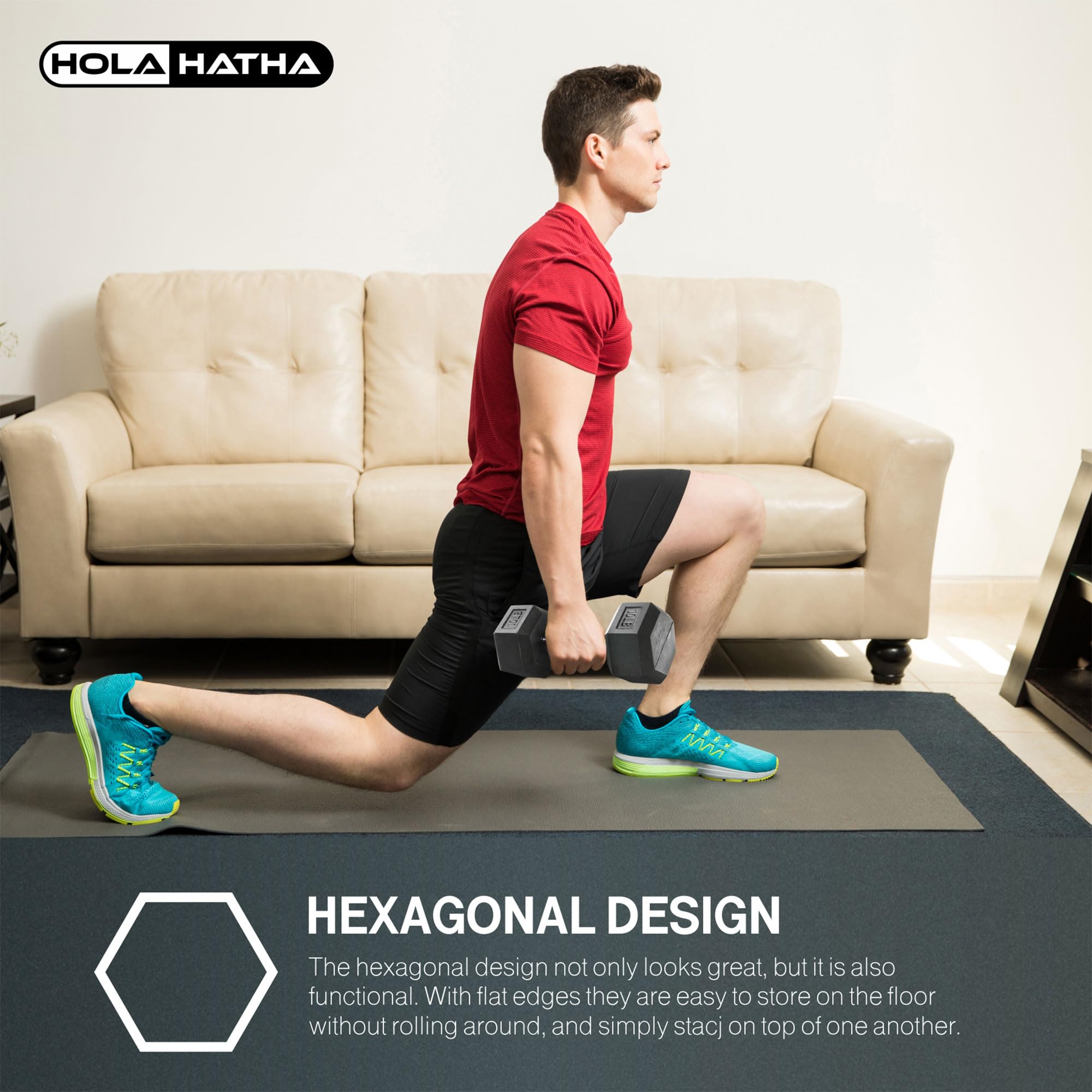 HolaHatha Hexagonal Dumbbell Set with Storage Rack - Free Weight Hand Weights for Home Gym, Strength Training & Fitness Workouts