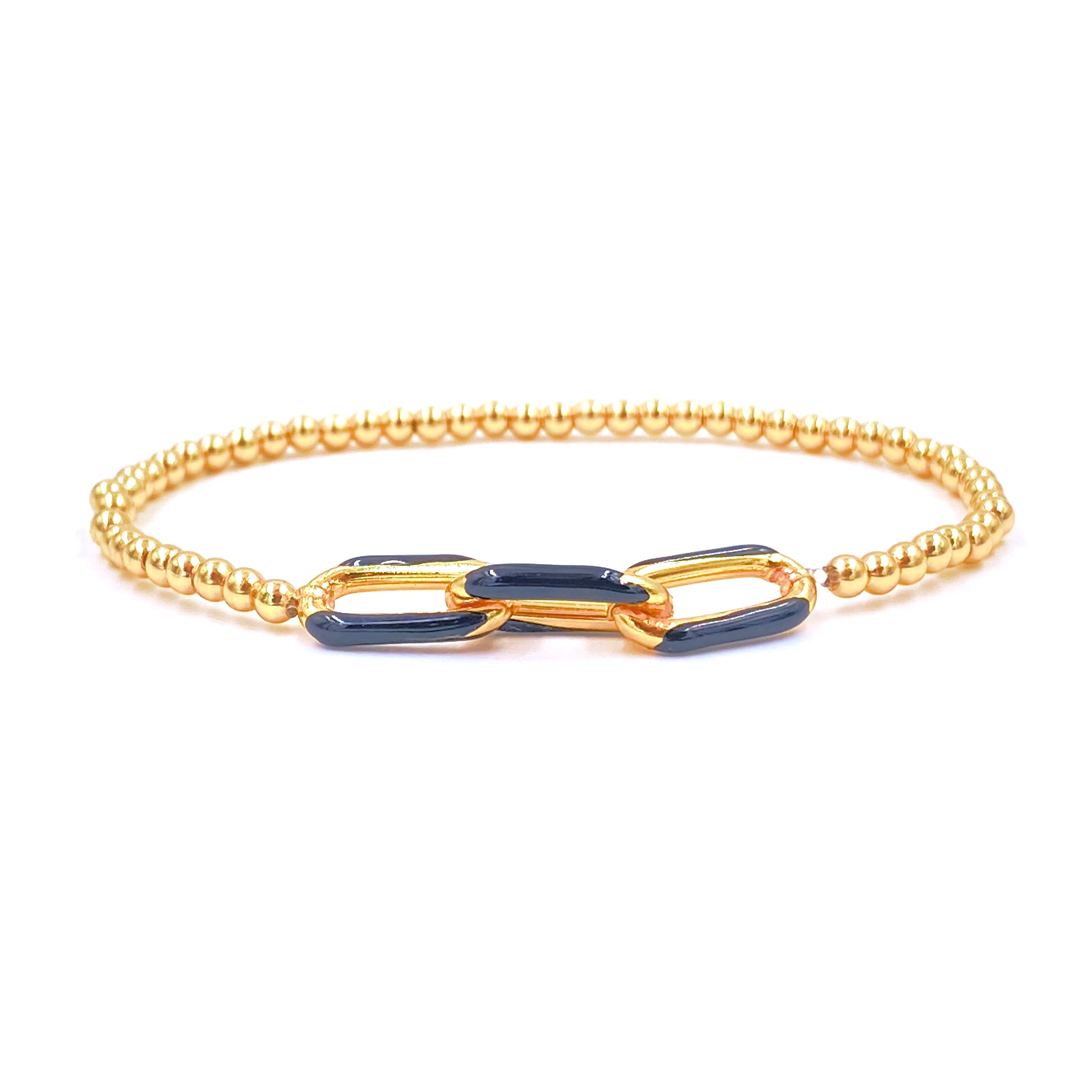 Ashley Gold Stainless Steel 3mm Gold Plated Beaded Stretch Bracelet with Enamel Link Chain - Perfect for Women's Fashion, Gift Giving & Everyday Wear
