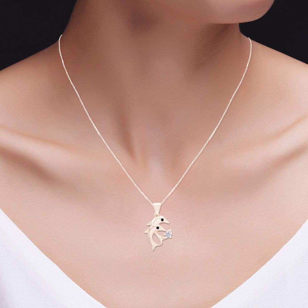 14K Gold Over Sterling Silver Double Dolphin Pendant Necklace for Women - Elegant Ocean Jewelry Gift for Birthday, Anniversary & Beach Vacations