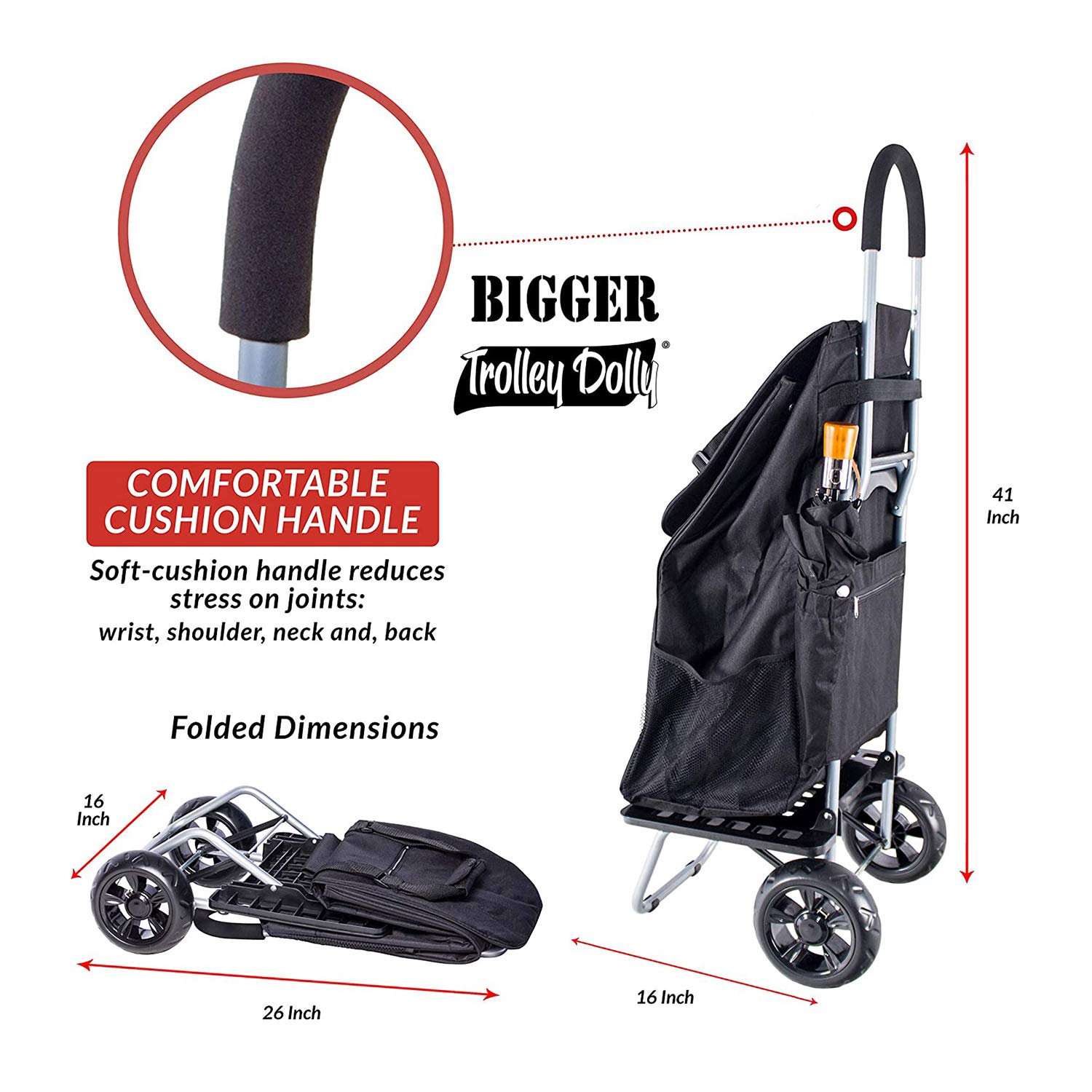 Best Foldable Shopping Cart with Wheels - Heavy Duty Grocery Trolley Dolly for Supermarket, Laundry & Home Use - Black (Bigger Size) | Dbest Products