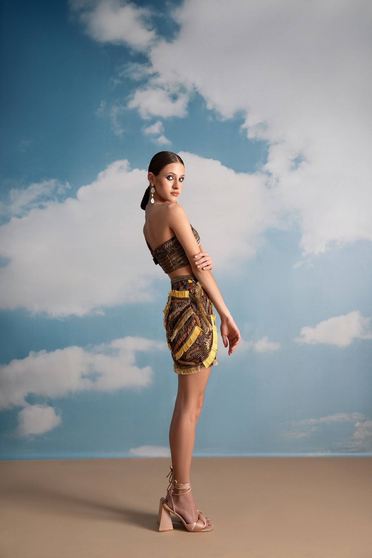 Elegant One Shoulder Brown Geometric Print Top with Glass Bead Embroidery - Perfect for Evening Parties, Date Nights & Special Occasions
