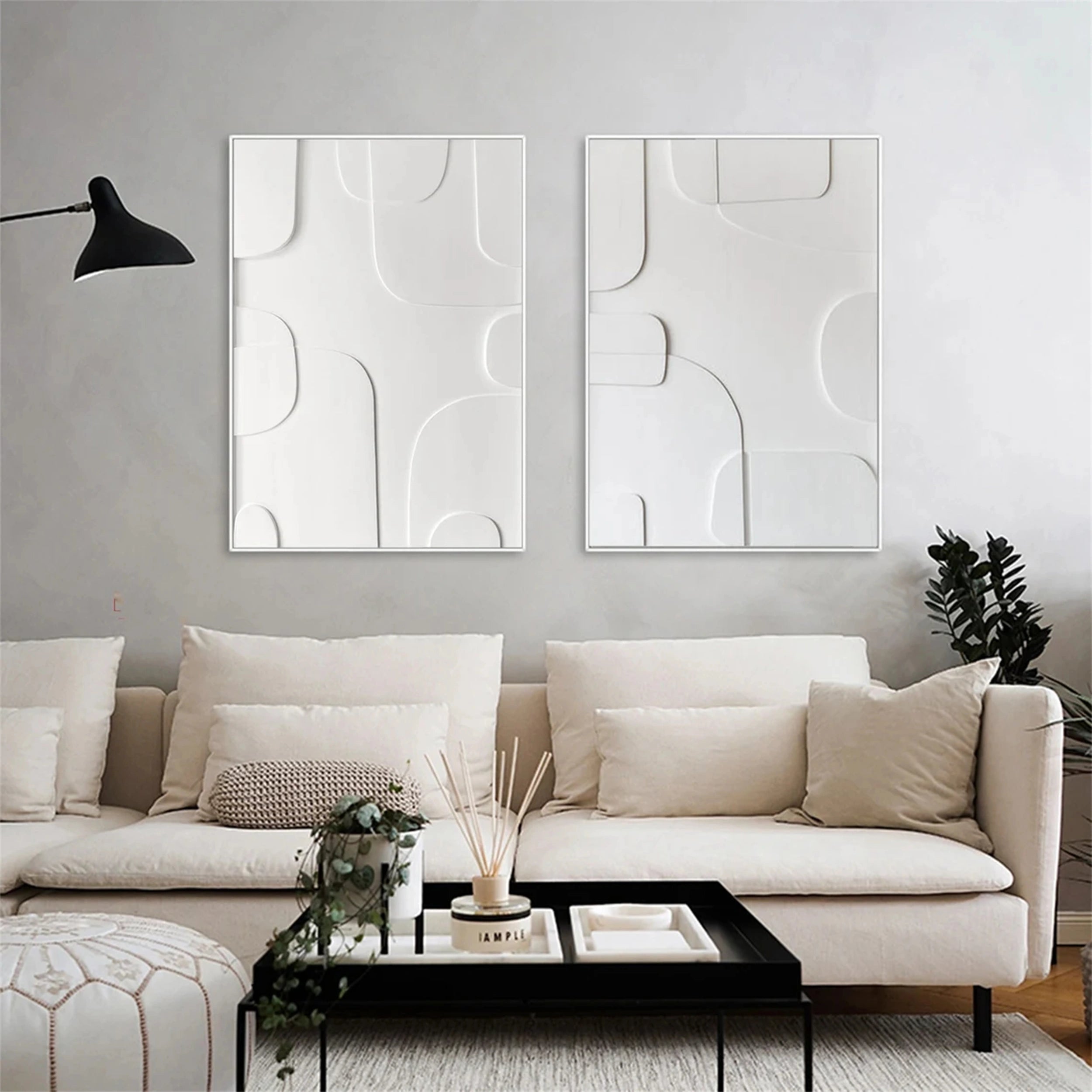 Modern White Minimalist Textured Canvas Paintings - Set of 2 Abstract Wall Art Decor #MM147 | Perfect for Living Room, Bedroom & Office Decor