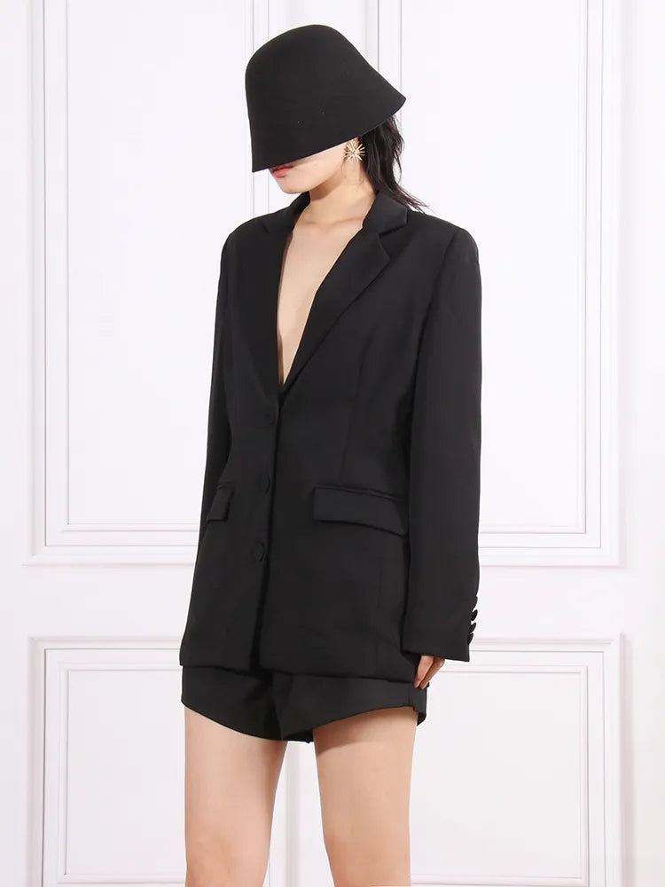 Stylish Backless Patchwork Diamonds Women's Casual Blazer - Notched Collar Long Sleeve Spliced Button Jacket for Office, Party & Date Night Outfits