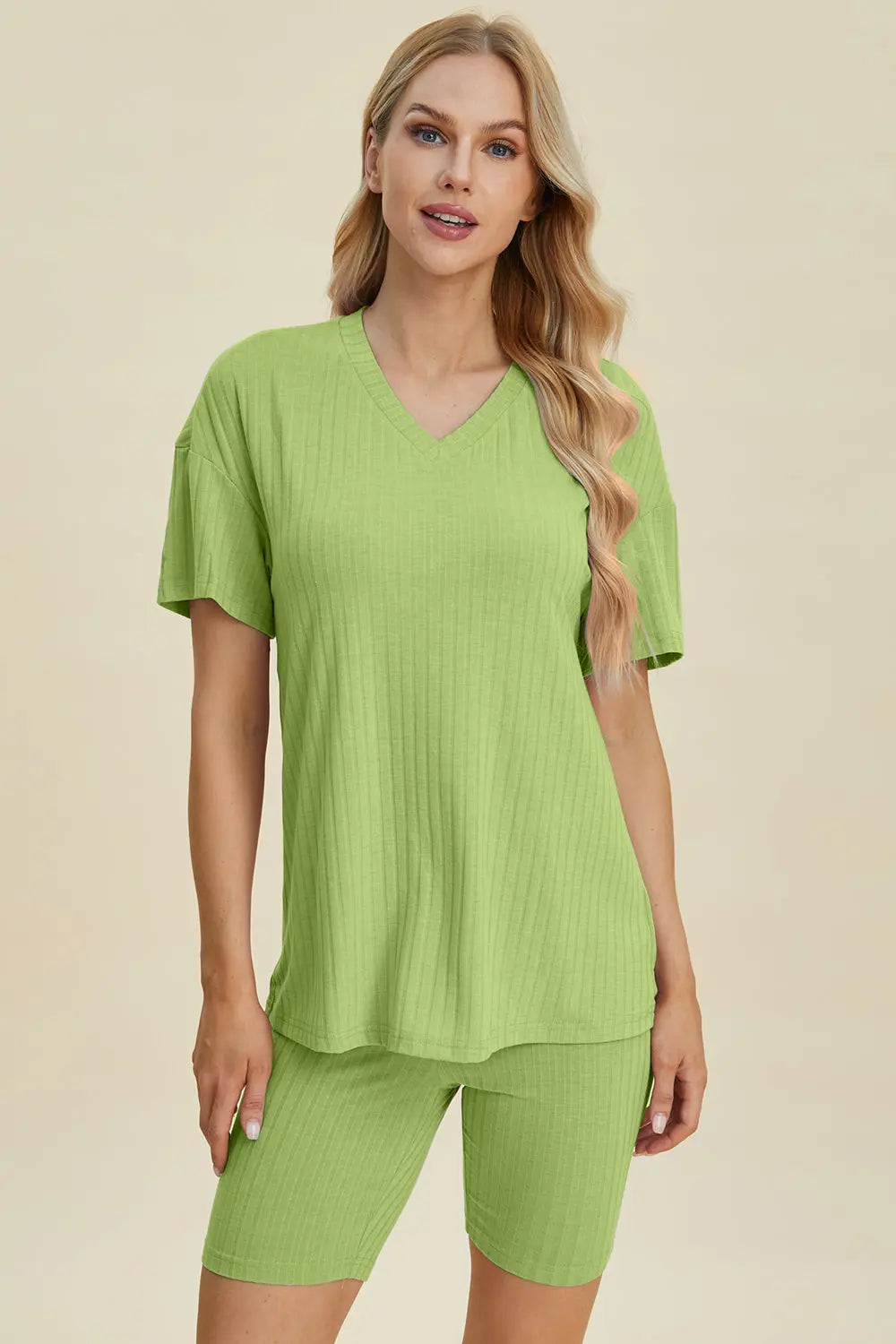 Basic Bae Full Size Ribbed V Neck Short Sleeve Top and Shorts Set - Women's Casual Summer Outfit for Beach, Lounge & Everyday Wear
