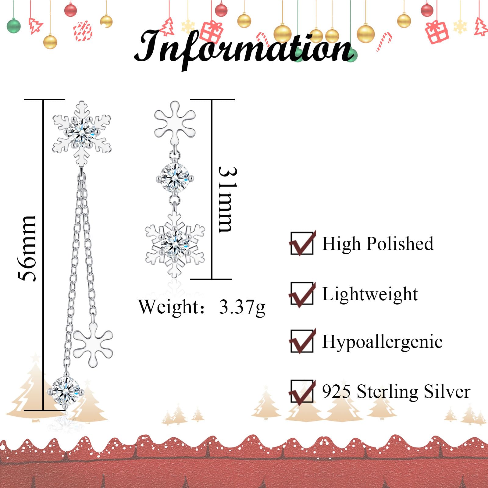 Bewenda 925 Sterling Silver Asymmetric Snowflake Dangle Earrings for Women - Hypoallergenic Zirconia Drop Earrings with Gift Box | Christmas Party, Holiday Gifts, Wedding & Evening Wear Accessories