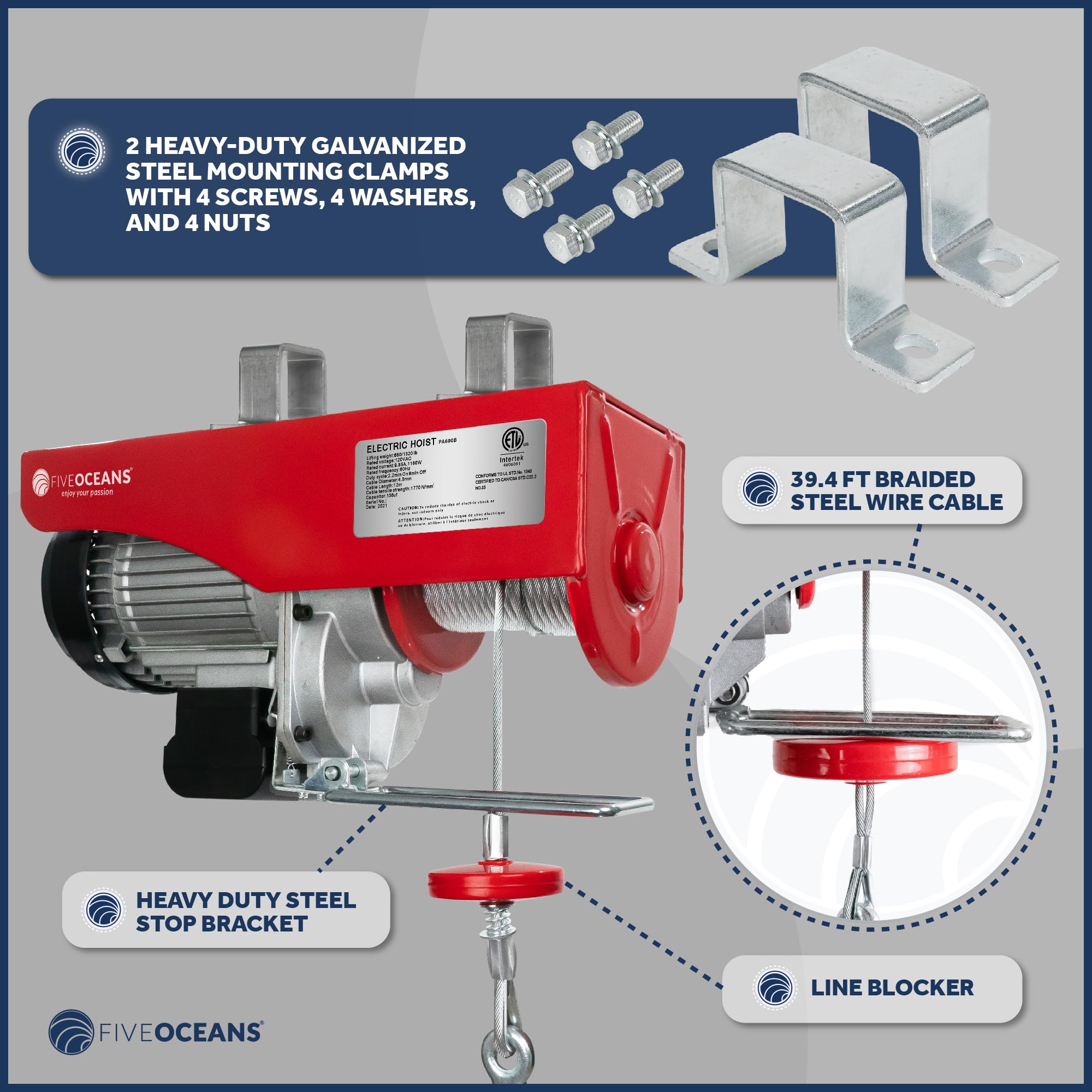 Five Oceans FO4016-C1 1320 Lbs Electric Overhead Hoist Lift Crane - Heavy Duty Garage Ceiling Pulley Winch with Zinc-Plated Steel Wire & 20FT Remote Control - Includes Working Gloves for Safe Lifting - Perfect for Garage, Workshop, and Industrial Use