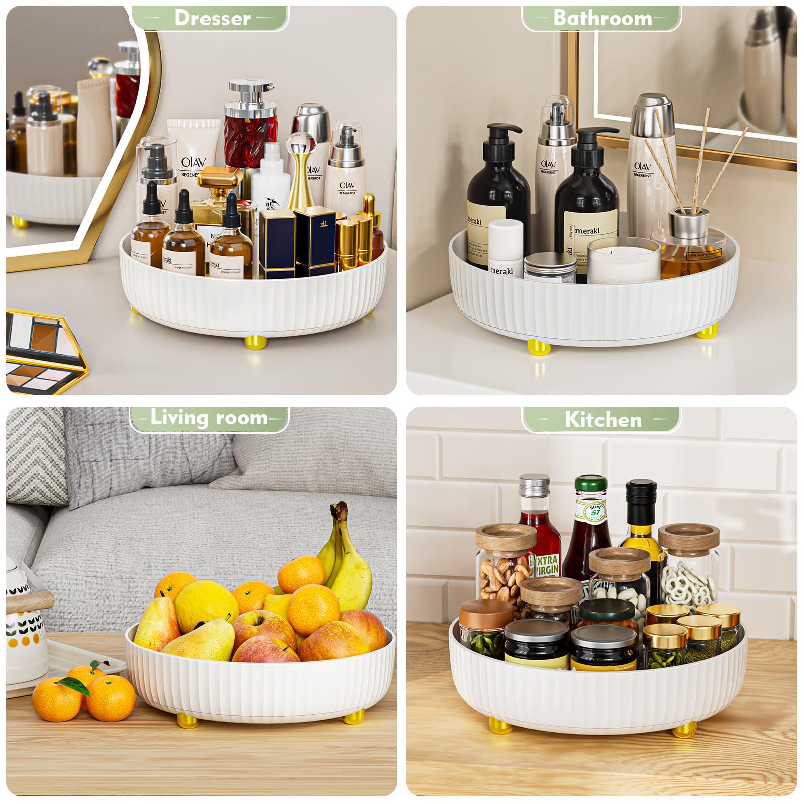 360° Rotating Makeup Organizer Tray - White Bathroom Storage Solution for Perfume, Skincare & Cosmetics | Lazy Susan Vanity Organizer | Perfect for Small Spaces, Countertops & Clutter-Free Bathrooms