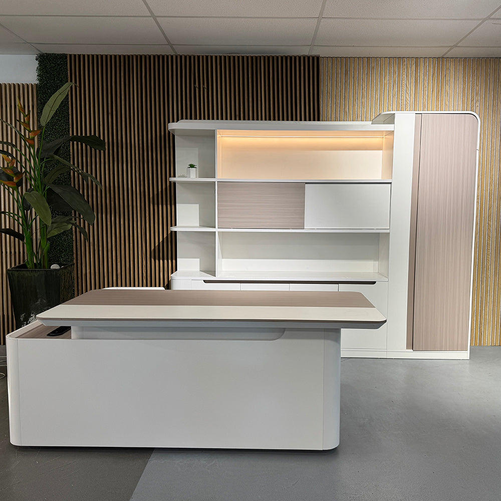 LUSH Display Unit 261.5cm White & Taupe - Modern Retail Shelving for Boutique, Clothing Store & Home Organization