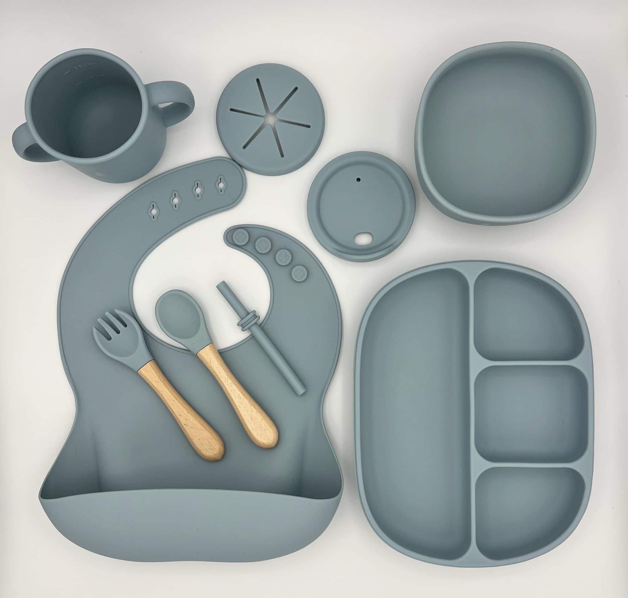 **6-Piece Silicone Baby Feeding Set - Suction Plate, Bowl, Bib, Snack Cup, Drinking Cup, Sippy Cup & Wooden Spoon & Fork - Toddler Utensils for Boys & Girls (Dusty Blue) - Perfect for Home, Travel & Daycare Use**