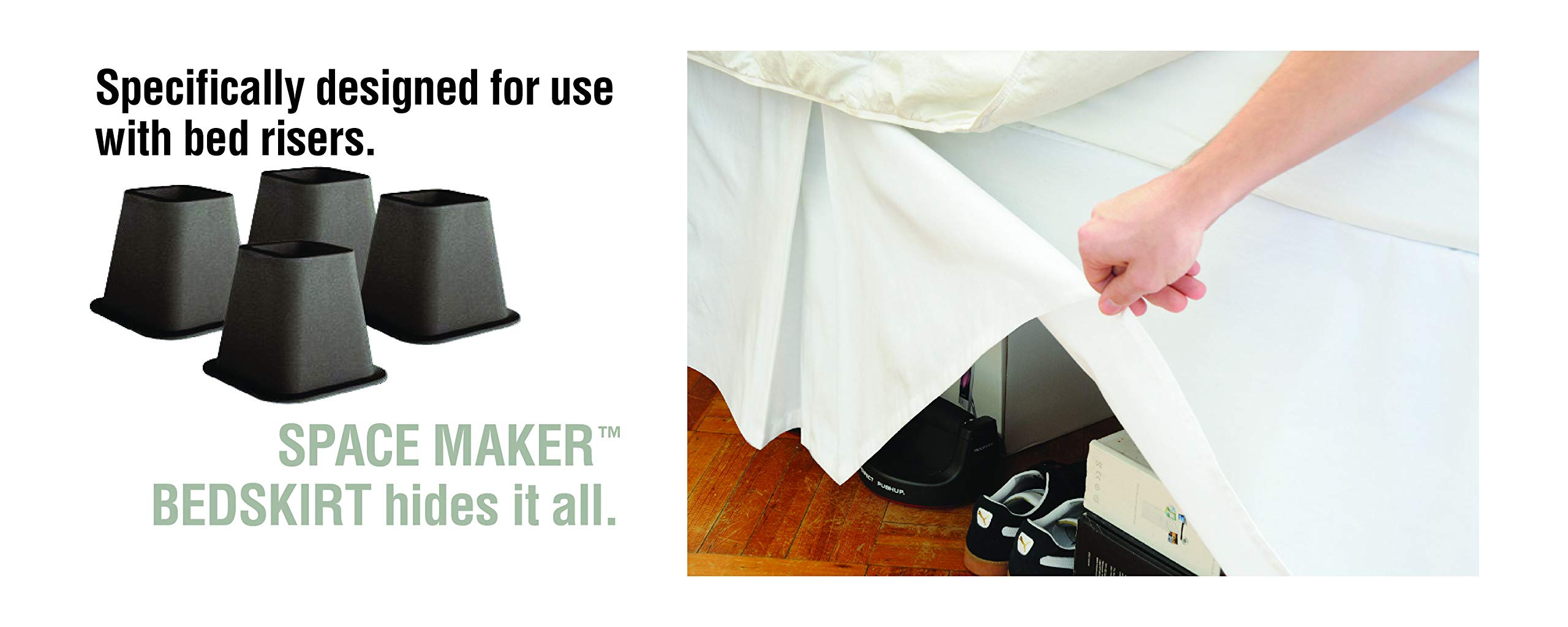21 Inch Extra-Long Drop Bed Skirt for Queen Size Bed - White Space Maker Design | Perfect for Platform Beds, Adjustable Beds & Deep Mattresses