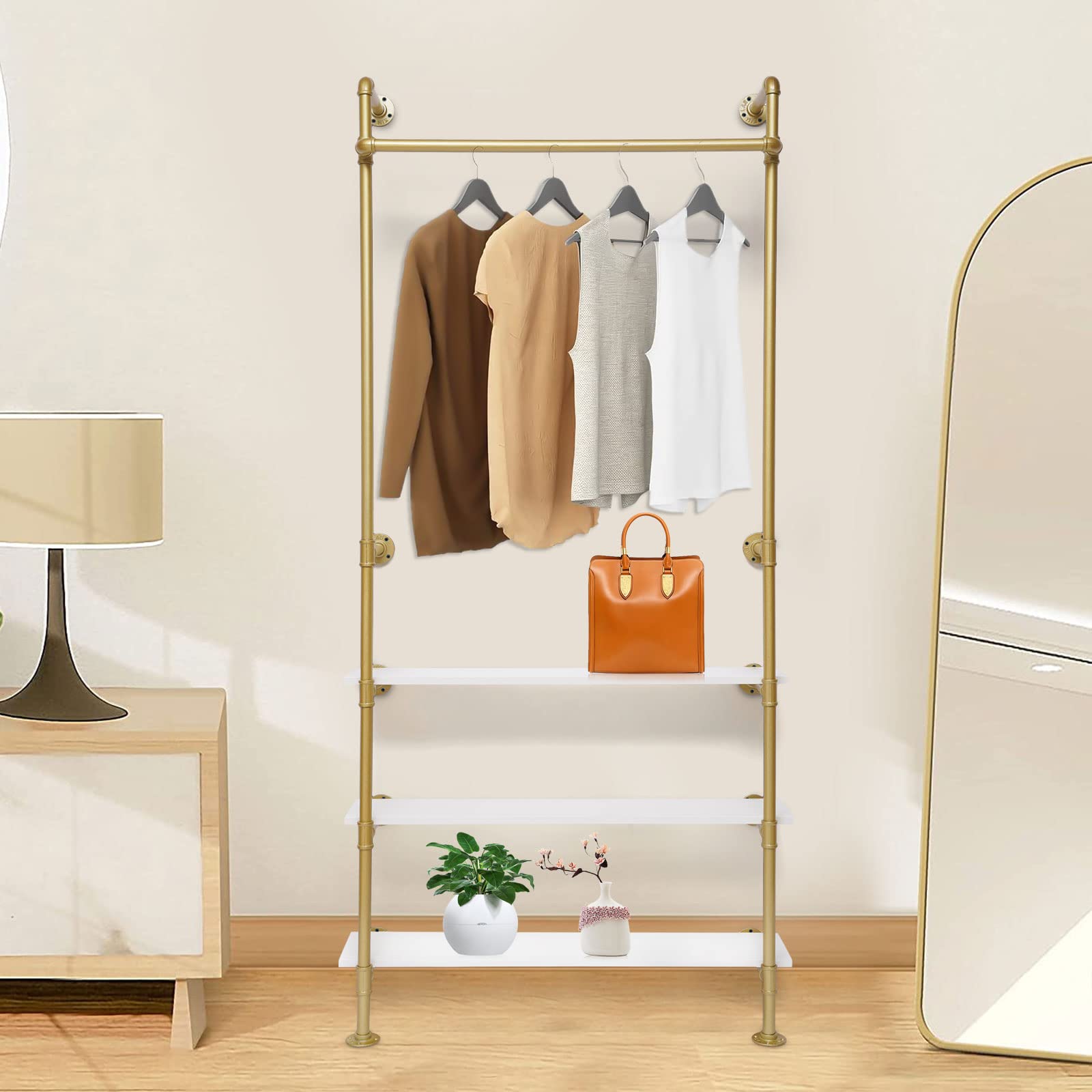TFCFL Gold Wall Mounted Garment Rack with Shelves - Space Saving Clothes Display Stand for Retail Stores, Workrooms & Dance Studios | Perfect for Boutique Organization, Costume Storage & Dance Studio Decor