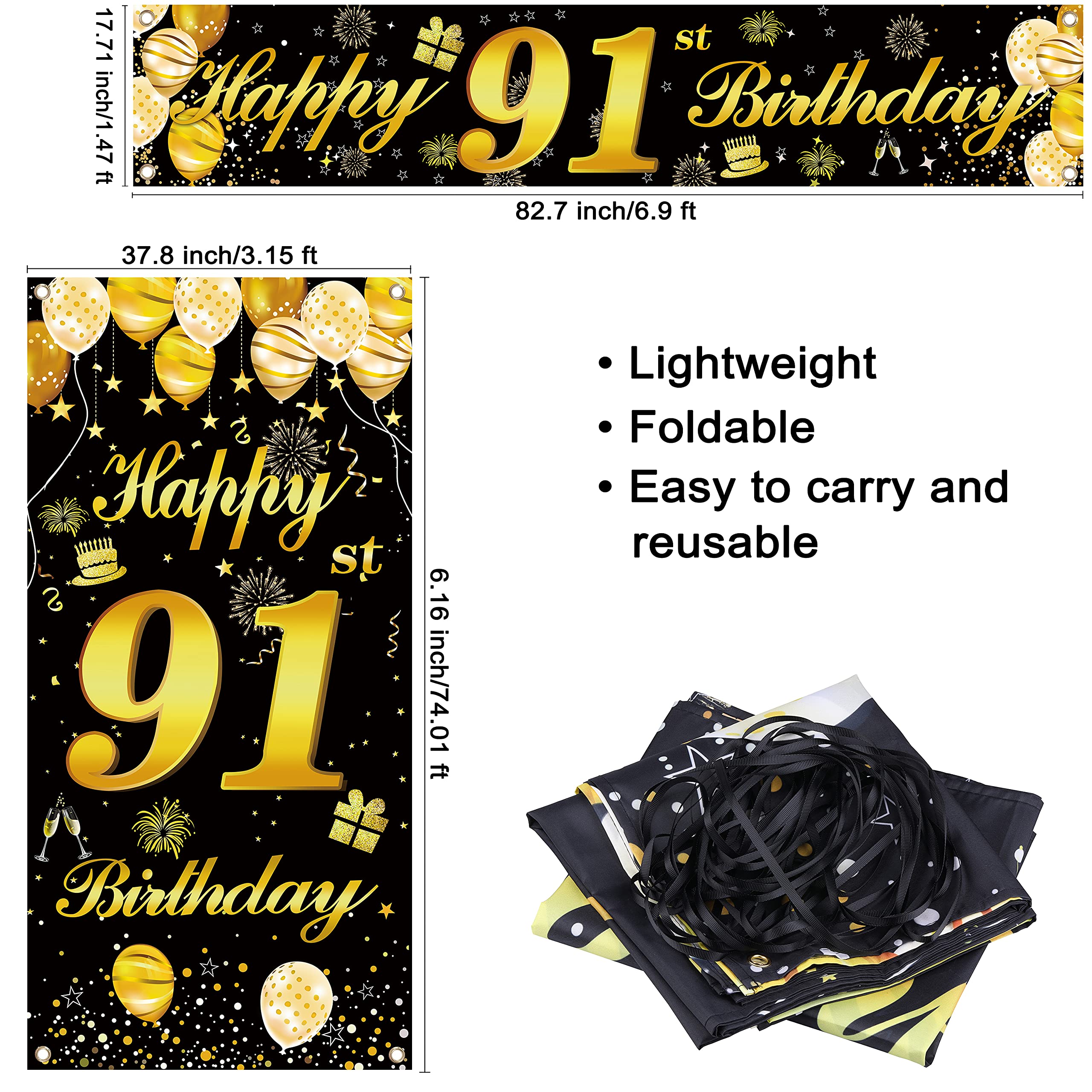 91st Happy Birthday Banner - Premium Birthday Party Decorations for Men - Large Backdrop for Birthday Celebrations, Milestone Parties & Special Events