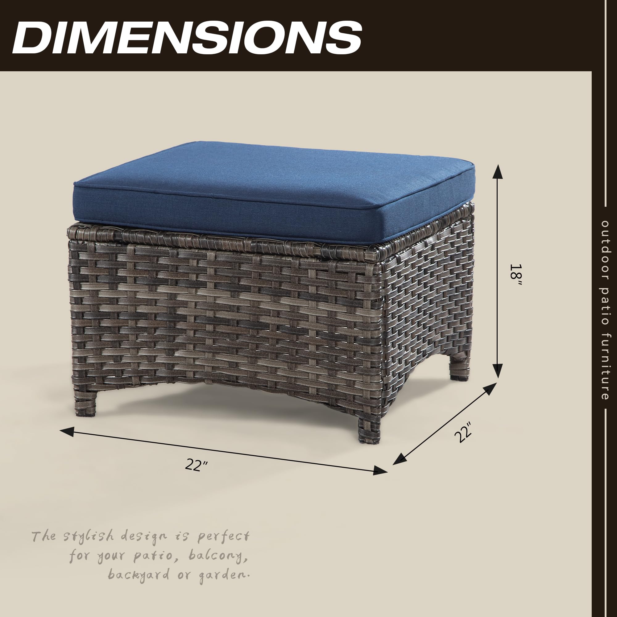 2-Pack Outdoor Wicker Ottomans with Removable Olefin Cushions - PE Rattan Steel Frame Patio Footstools in Navy Blue - Perfect for Backyard, Deck & Garden Seating