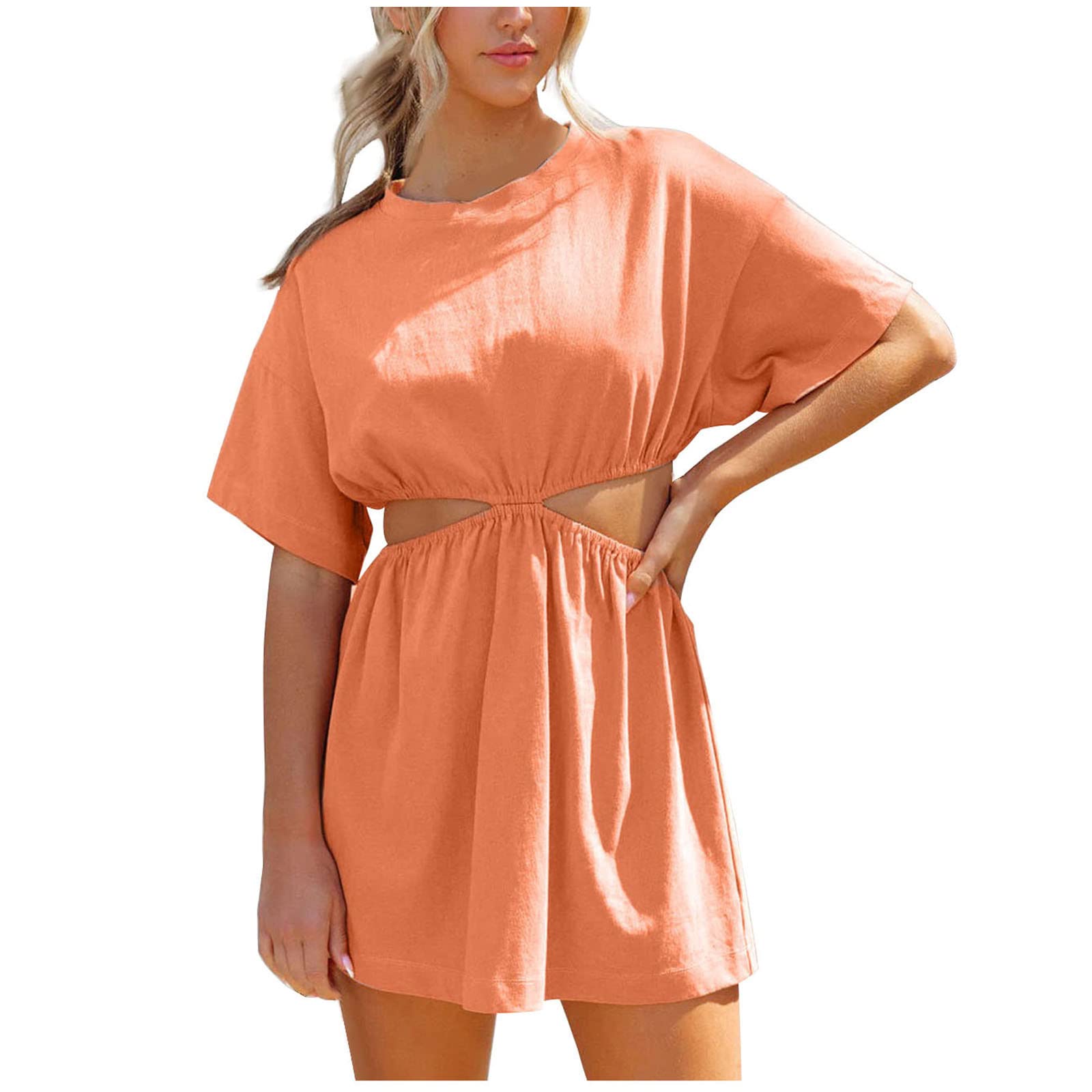 Sexy Summer Hollow Out Mini Dress for Women - Round Neck Short Sleeve Solid Bodycon Dress | Perfect for Beach Vacation, Date Night & Party Outfits