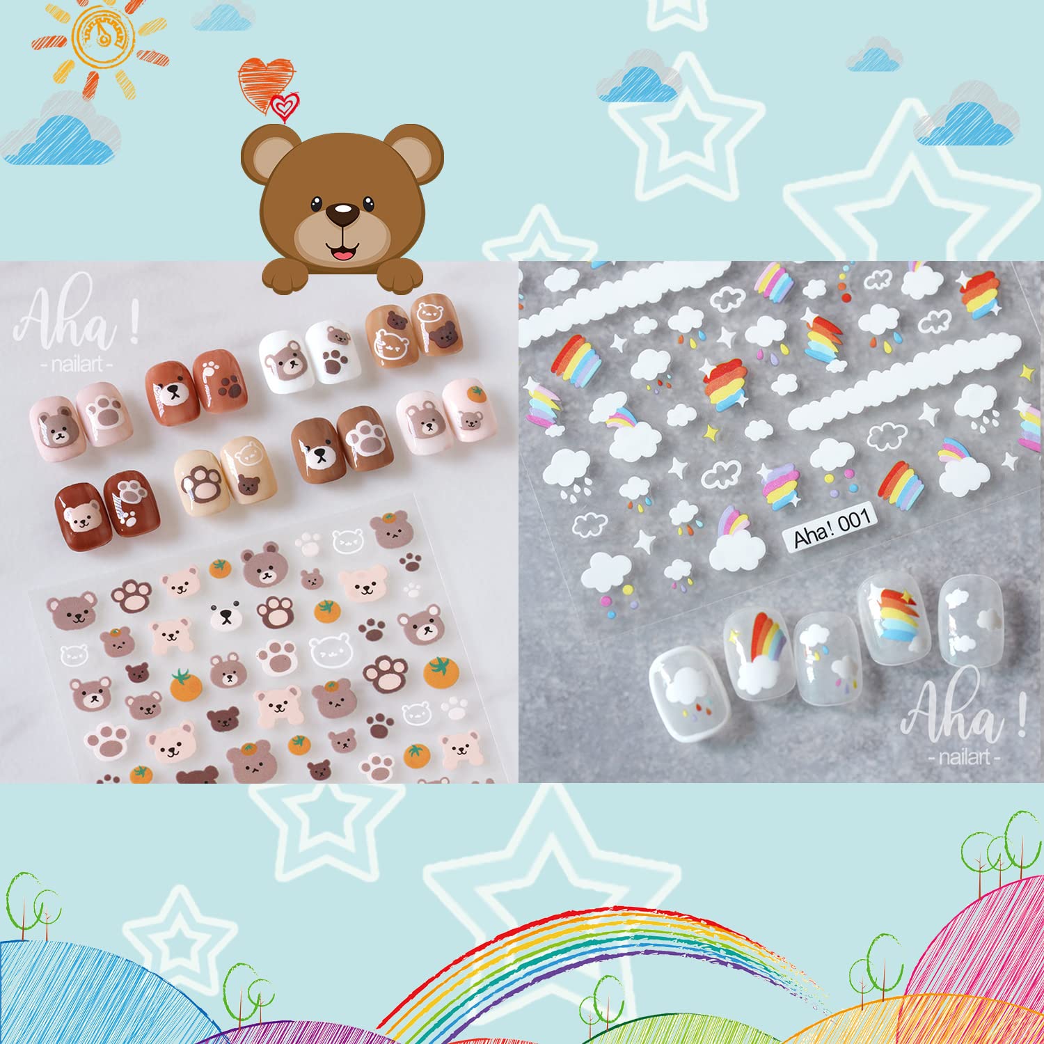 ACDE 5 Sheets Cute Cartoon 3D Nail Art Stickers - Rainbow Clouds, Bear, Rabbit, Panda Designs - Self-Adhesive Nail Decals for Women, Girls, Kids - DIY Manicure, Party, Salon, Birthday Nail Decorations