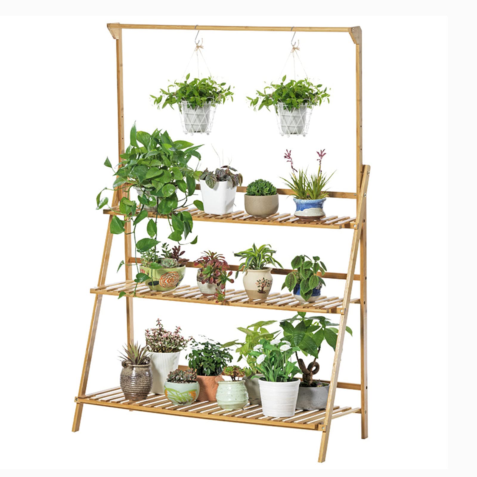 3-Tier Bamboo Hanging Plant Stand - Foldable Flower Pot Shelf & Storage Organizer for Indoor/Outdoor Use - Perfect for Patio, Garden, Balcony, Lawn Decor & Small Space Plant Display