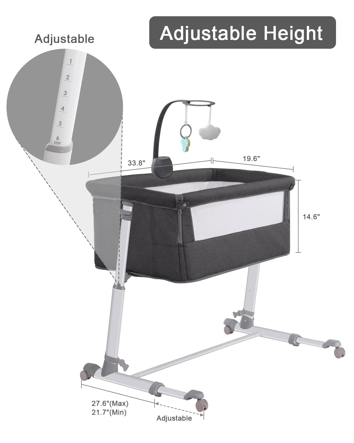 **Yacul Baby Bassinet with Wheels & Music Box - Adjustable Height, Breathable Mesh, Portable Bedside Crib Sleeper for Newborns - Dark Gray - Perfect for Nursery, Bedroom & Travel**