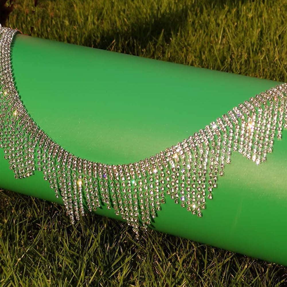 1 Yard Silver Triangle Rhinestone Waist Chain with Tassel Fringe Trim - Crystal Diamond Bridal Applique for Belly Dance Costumes, Wedding Accessories & Festival Outfits