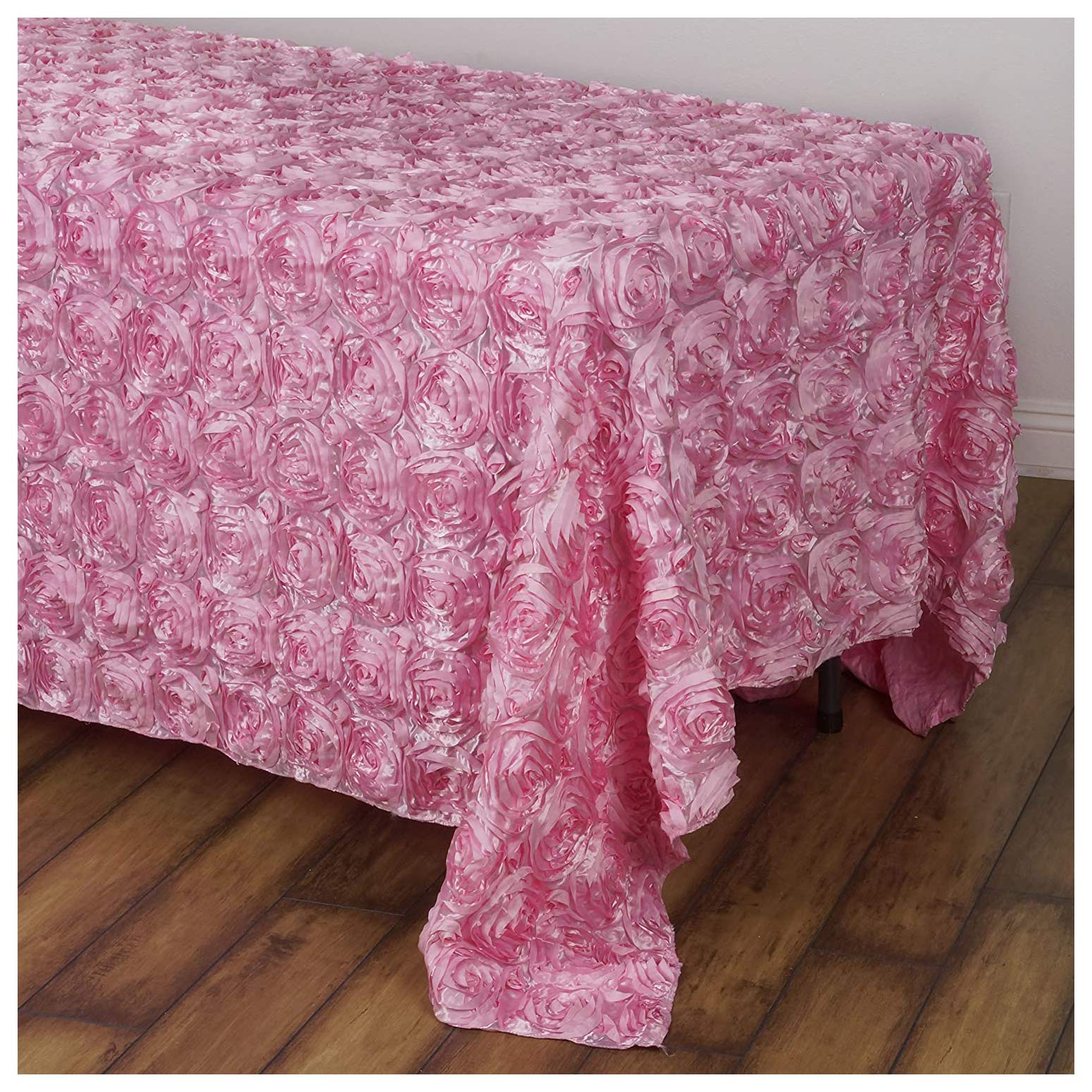 BalsaCircle 90x132 Inch Pink Satin Raised Rosettes Rectangle Tablecloth - Elegant Wedding Reception, Party & Dining Room Table Linens for Special Occasions