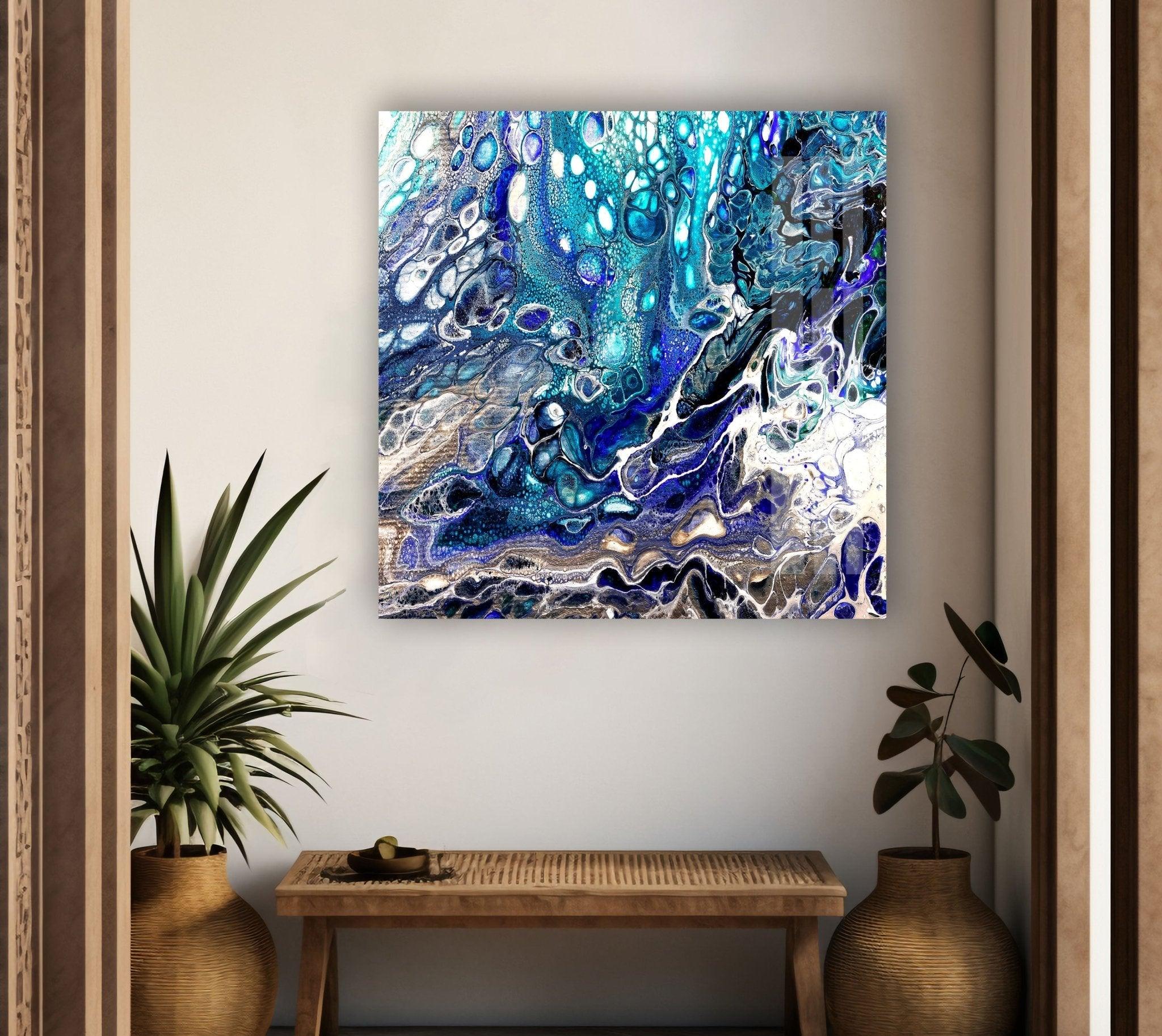 Turquoise Blue Alcohol Ink Glass Wall Art - Handmade Modern Abstract Home Decor for Living Room, Bedroom, Office