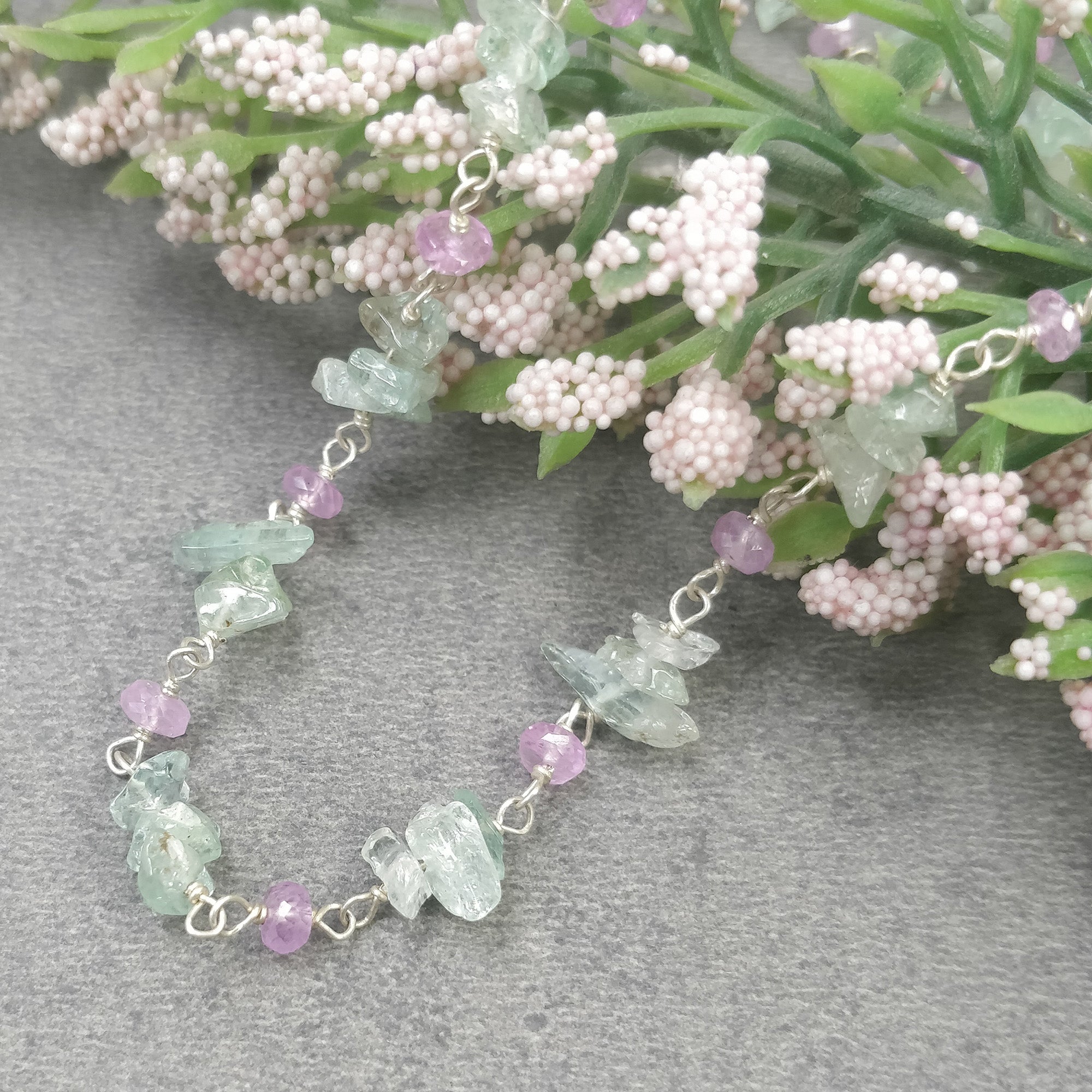 925 Sterling Silver Emerald & Pink Sapphire Gemstone Beaded Chain Necklace – Natural Uncut 18