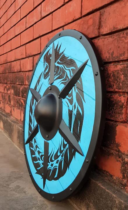 Handmade Wooden Viking Shield with Dragon Face & Ouroboros Design - Authentic Battleworn Norse Shield for LARP, Cosplay, Home Decor & Viking Reenactments