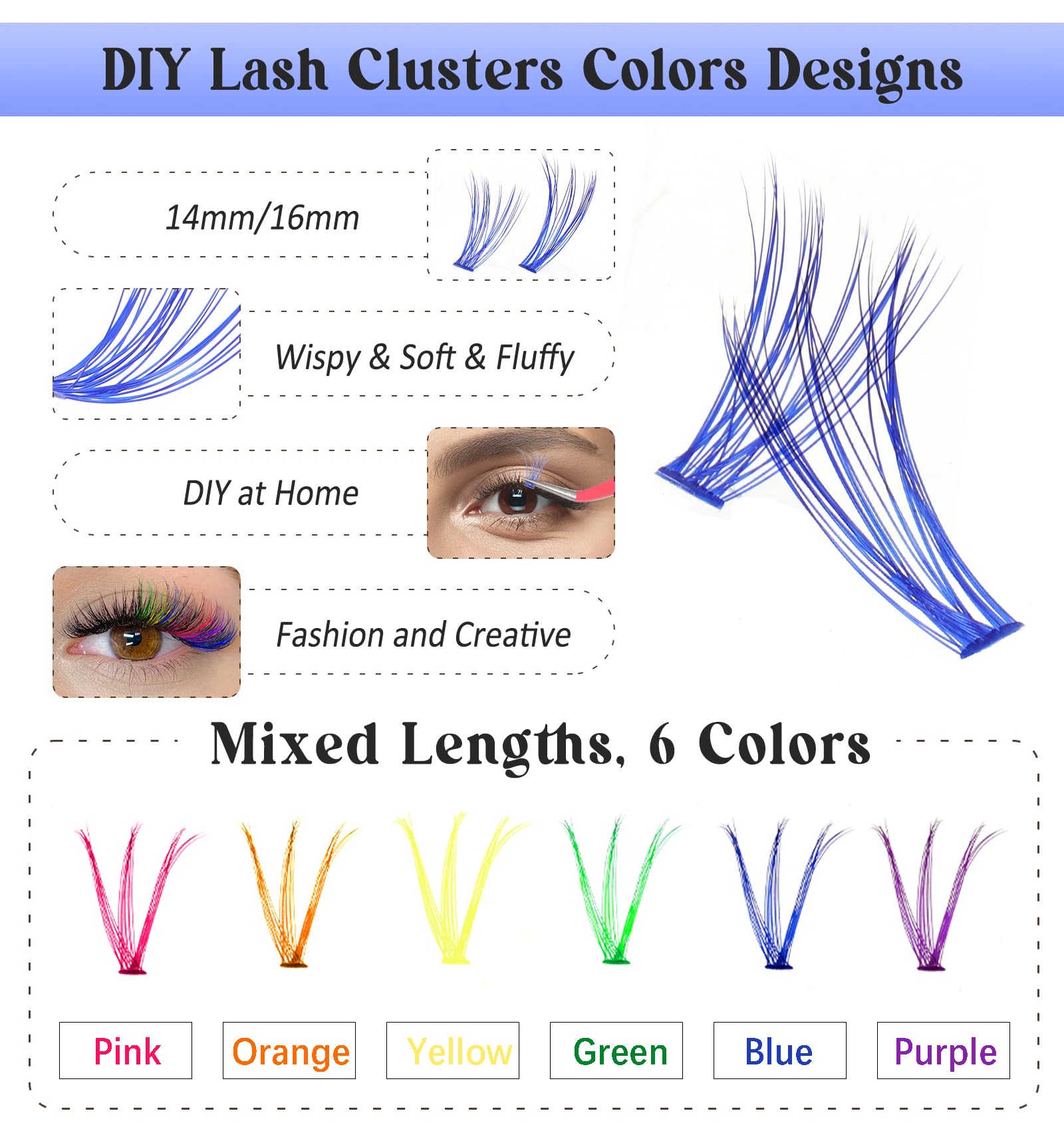 3D Colored Lash Clusters - 240Pcs C Curl Eyelash Extensions in 6 Vibrant Colors (14-16mm) for DIY Individual Lashes | Fluffy, Long-Lasting & Waterproof | Perfect for Parties, Halloween & Special Occasions