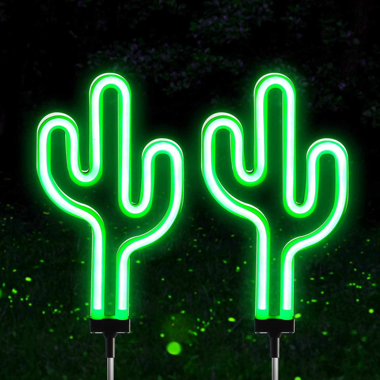 AHNNER Solar Powered Cactus Neon Garden Lights - Waterproof Outdoor Pathway & Patio Decor (2 Pack) - Perfect for Backyard, Lawn, Walkway & Landscape Lighting at Night