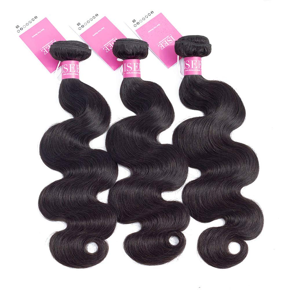 ISEE Hair 8A Unprocessed Brazilian Virgin Body Wave Human Hair Extensions - 3 Bundles 100% Natural Black (10