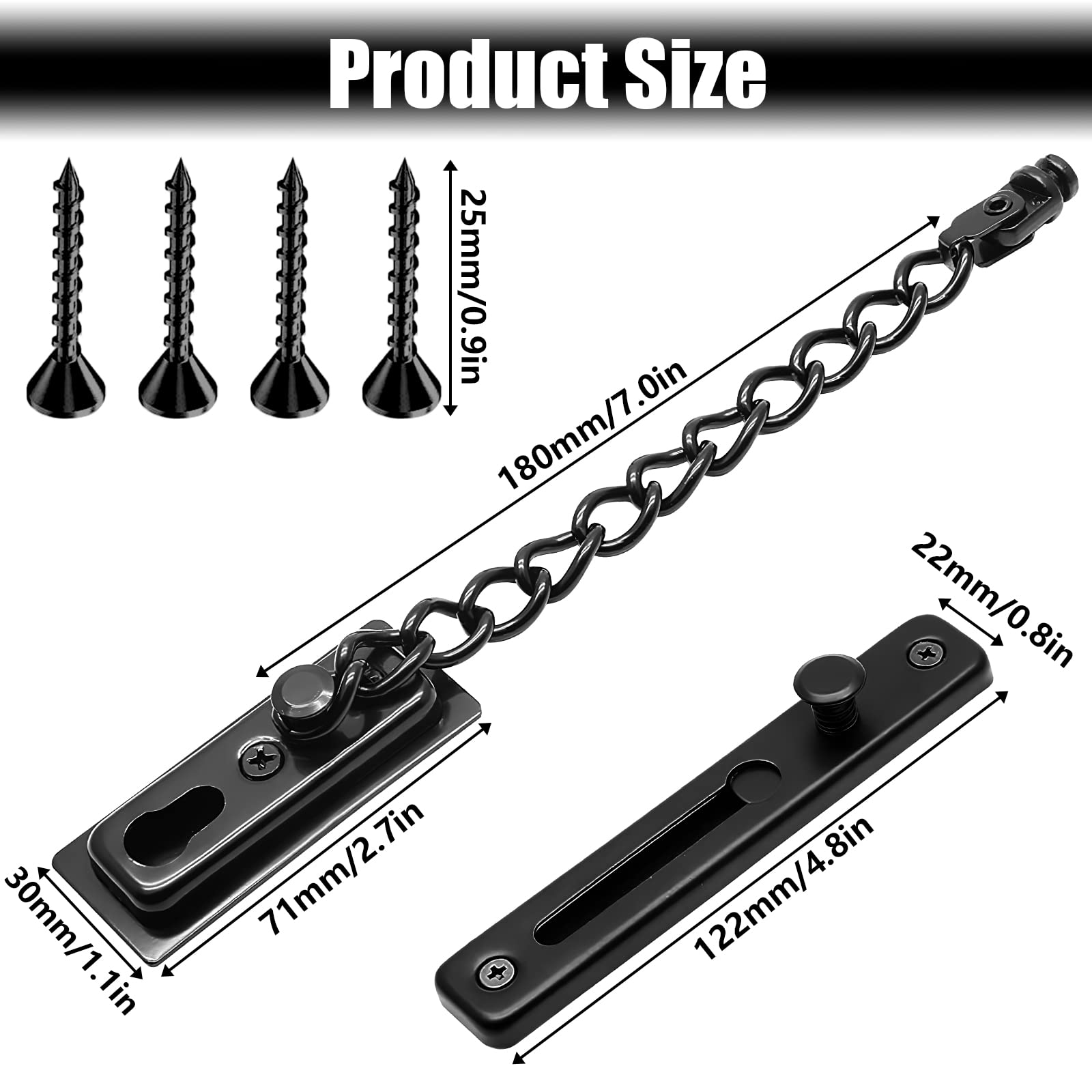 Stainless Steel Door Chain Lock with 4 Screws - Heavy Duty Security Latch for Bedroom, Inside Door, Home & Hotel Safety (Black) | Perfect for Apartment Security, Child Safety & Privacy Protection