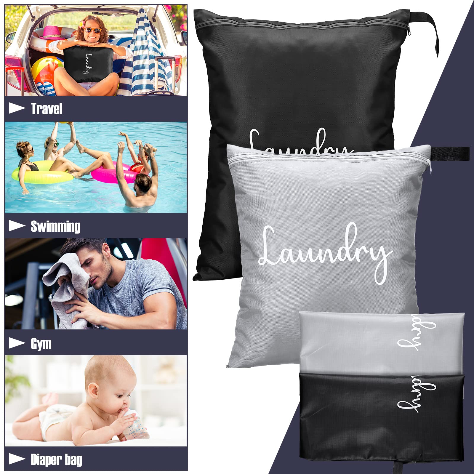 4 Pack Waterproof Laundry Bags for Travel - Reusable Wet/Dirty Clothes Organizer (12x14 & 17x22 Inch) - Machine Washable Storage Hamper for Camping, Gym, Dorm & Vacation - Gray & Black Travel Accessories