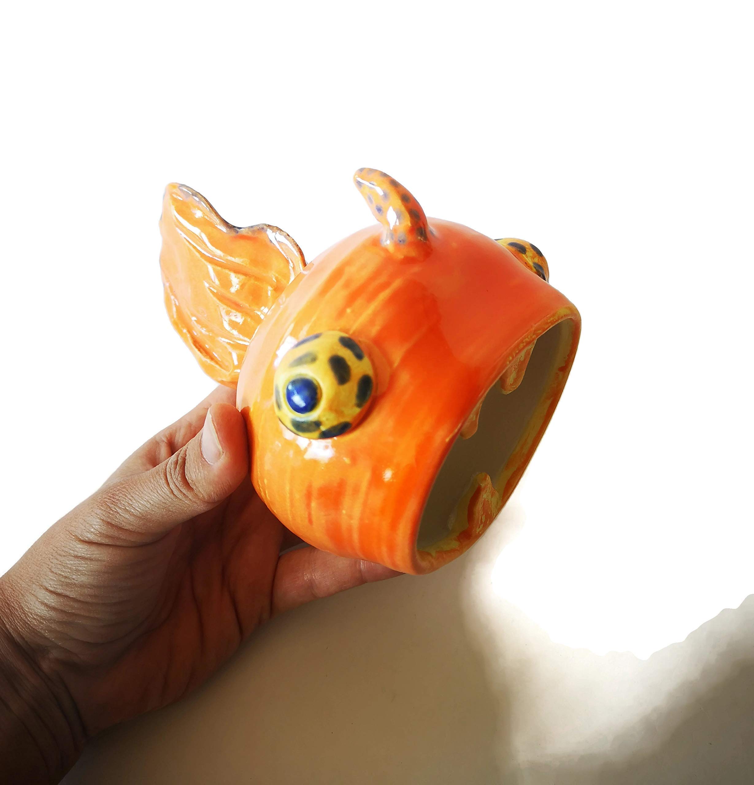 Handmade Orange Ceramic Fish Sculpture - Unique Home & Office Decor Art Piece for Living Room, Shelf, or Desk Display