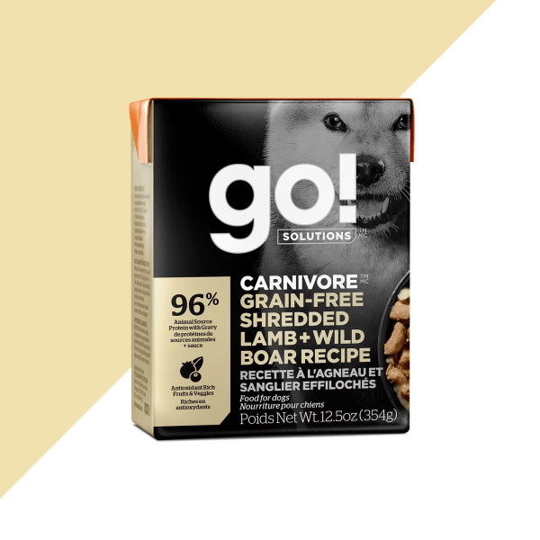 Go! Solutions Carnivore Grain-Free Shredded Lamb & Wild Boar Wet Dog Food - 12.5oz Can - High Protein Natural Recipe for Adult Dogs - Perfect for Sensitive Stomachs & Picky Eaters