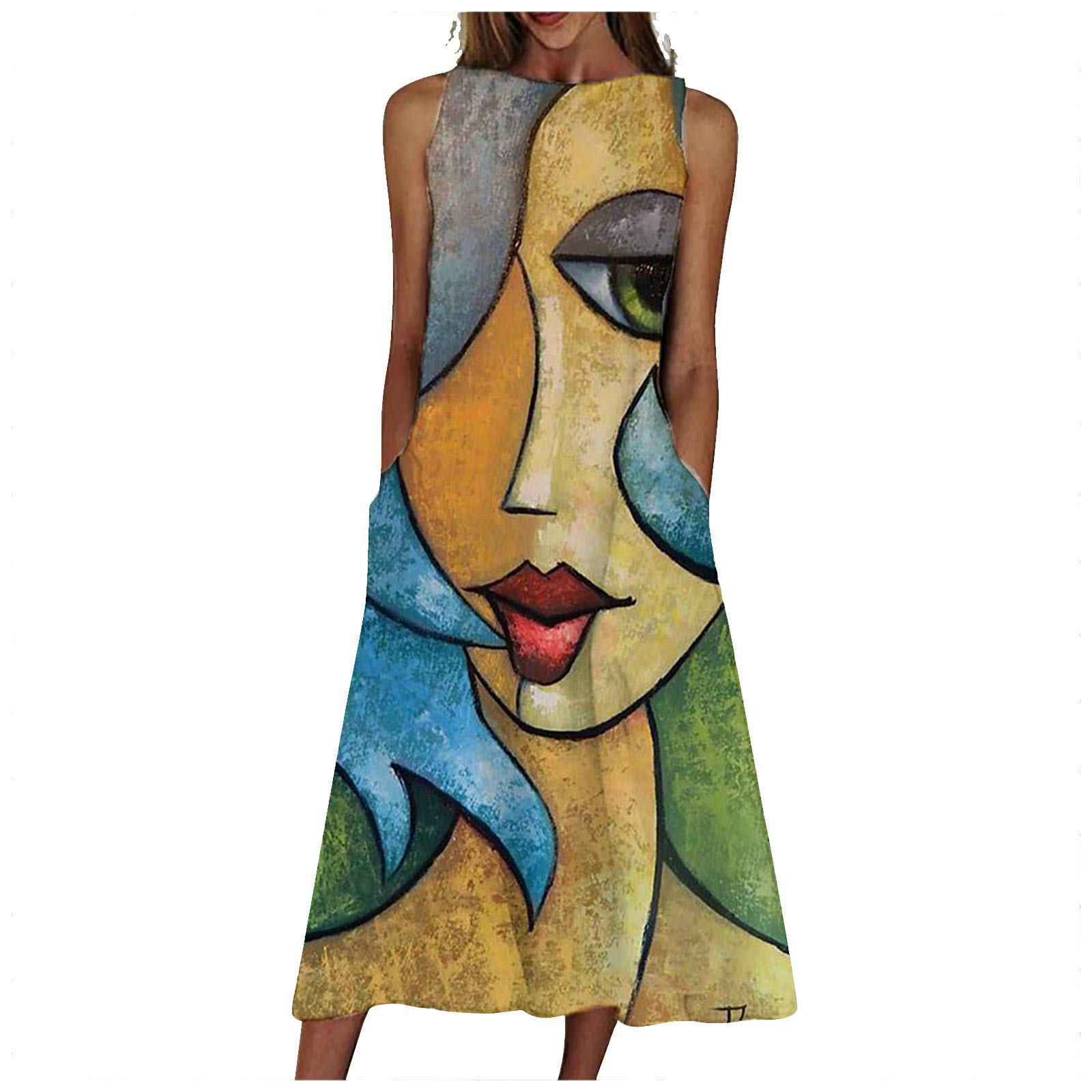 ZASUN Women's Midi Dresses with Pockets - 3D Graphic Print Summer Dress, Sexy O-Neck Beach Dress for Women | Casual Wear, Vacation, Party, Date Night
