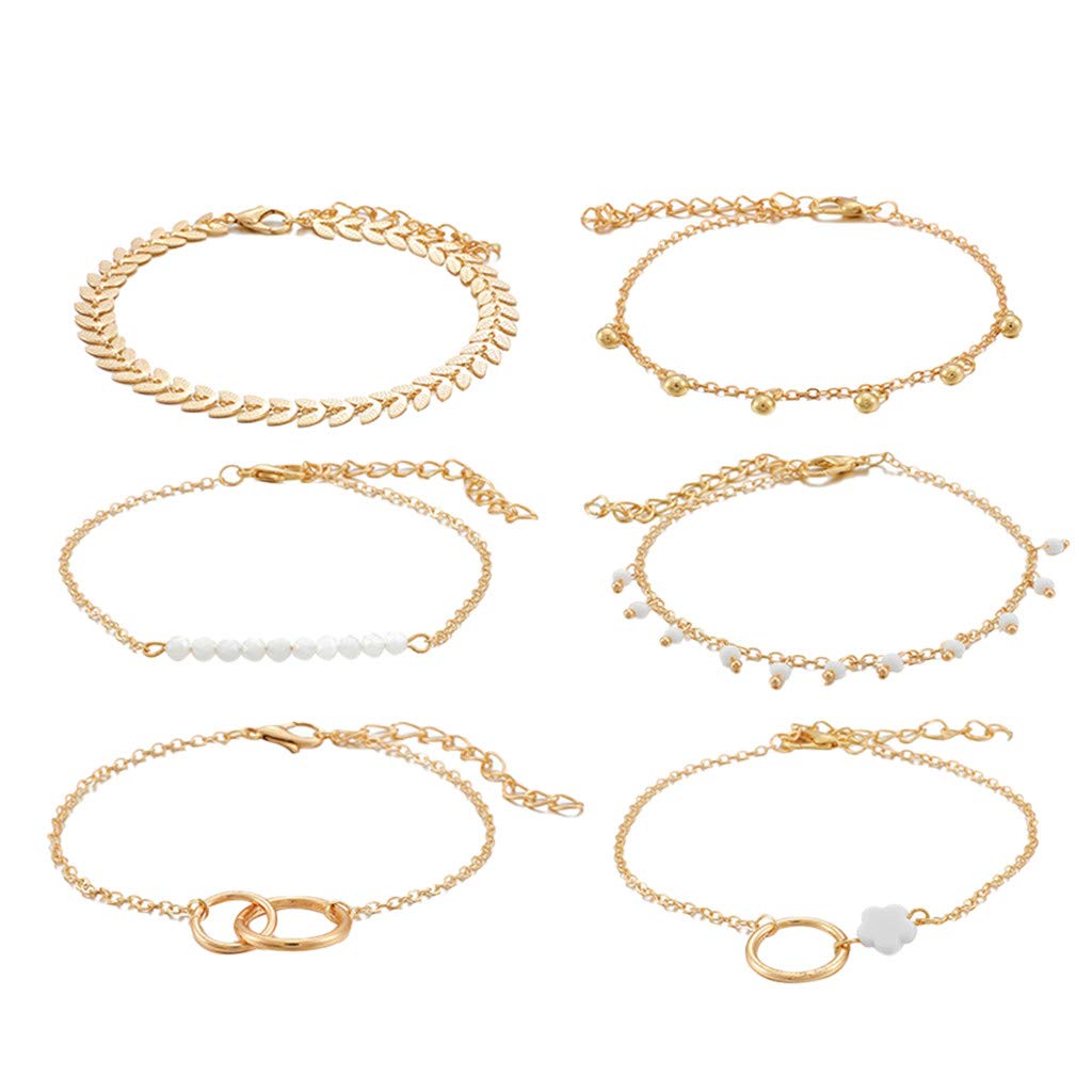 Beaded Bracelets Set for Women - 6 Pack Floral Leaf Design Leather Bracelets, Simple Circle Boho Style Jewelry for Men & Women - Perfect for Casual Wear, Gifts & Boho Fashion