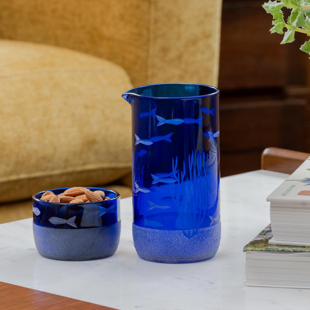 School of Fish Twice Around Blue 13oz Pitcher & 2” Mini Sipper Set - Glass Drinkware with Gift Box - Perfect for Home Decor, Party Serving & Unique Gifts