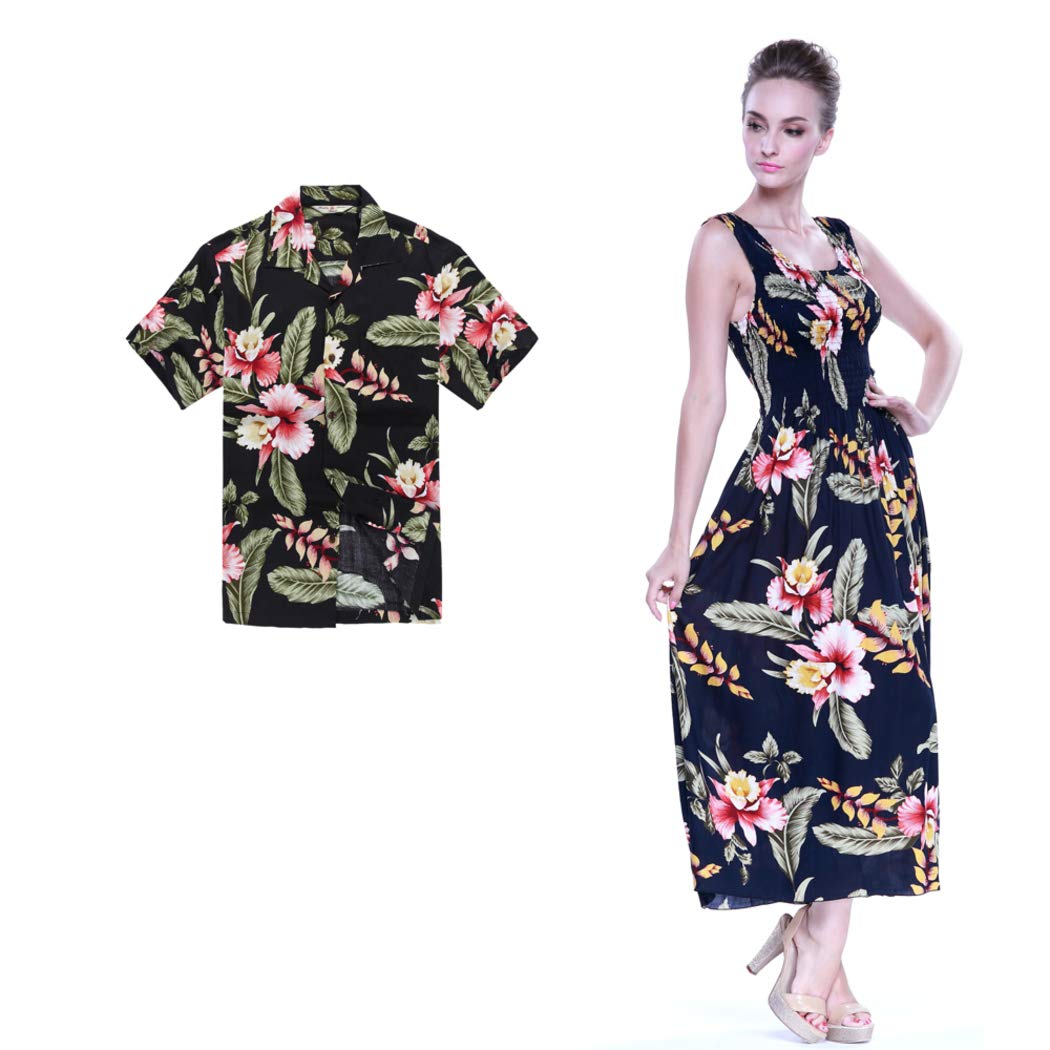 Matching Couple Hawaiian Luau Aloha Shirts & Elastic Tank Dresses - Cream Rafelsia Print for Beach Vacation, Summer Party, and Tropical Date Night