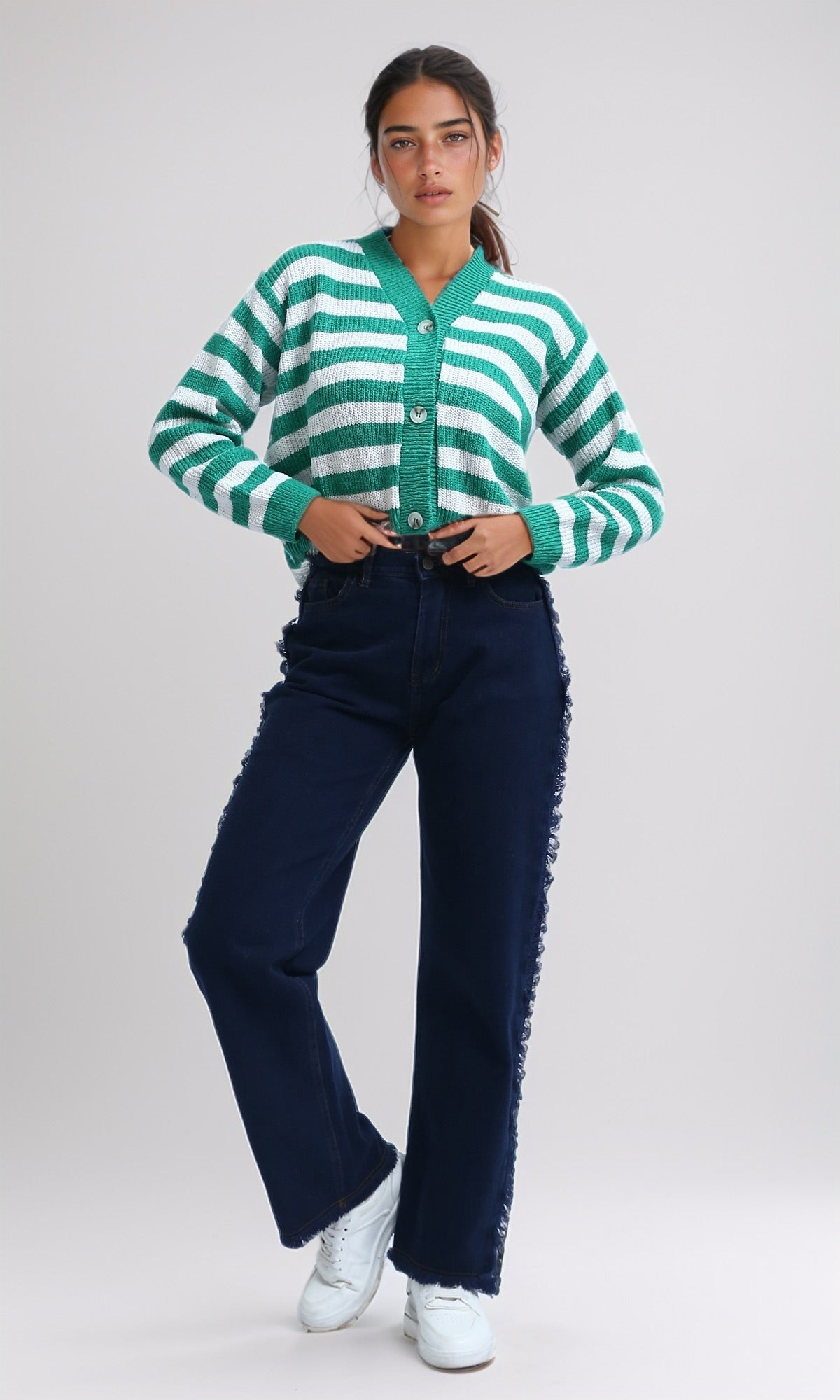 Women's Long Sleeve Short Cardigan Sweater - Green & White Striped Open Front Lightweight Cover Up for Spring/Summer Fashion Outfits